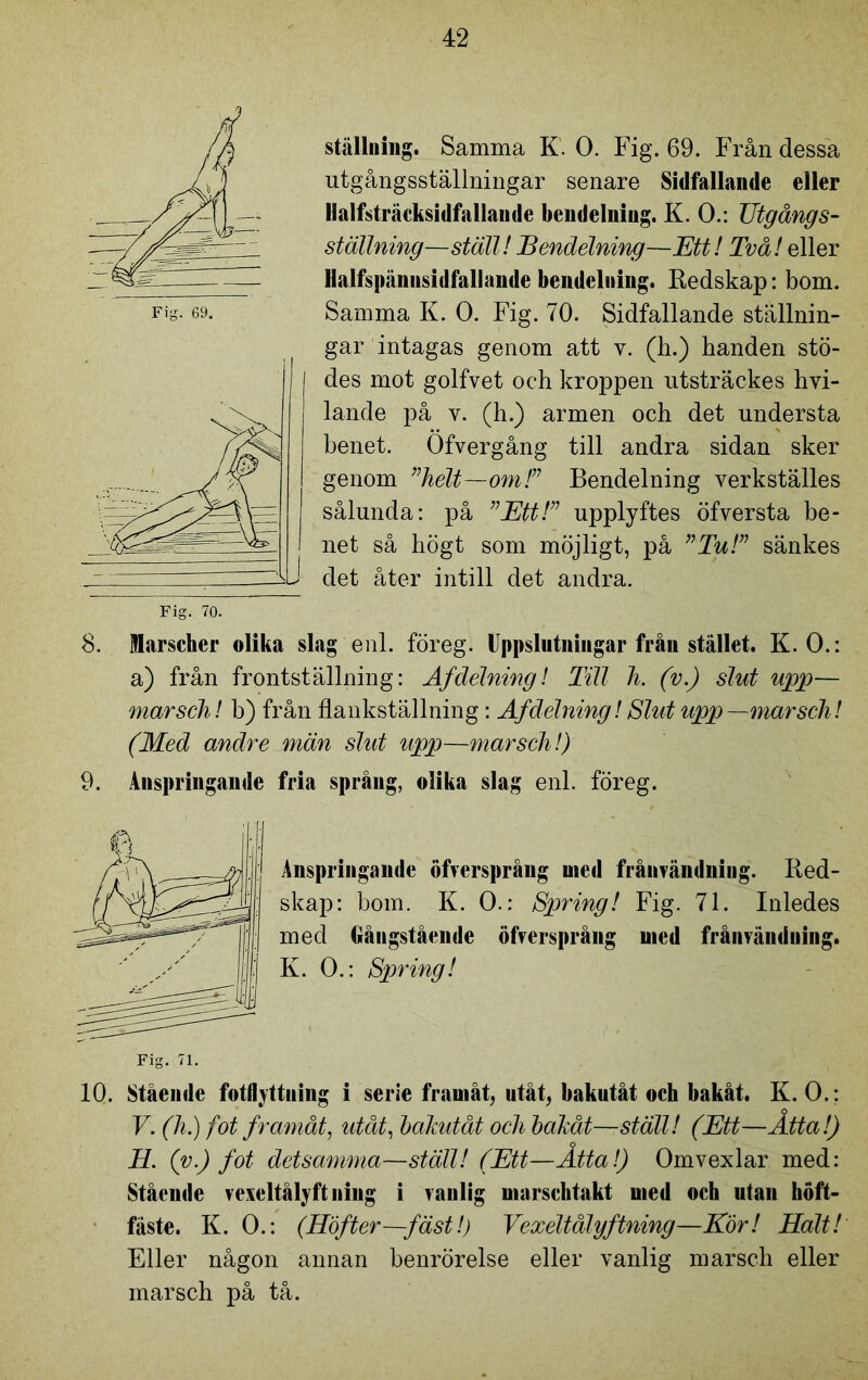 ställning. Samma K. 0. Fig. 69. Från dessa utgångsställningar senare Sidfallande eller Halfsträcksidfallande bendelning. K. 0.: Utgångs- ställning—ställ! Bendélning—Ett! Två! eller Halfspännsidfallande bendelning. Redskap: bom. Samma K. 0. Fig. 70. Sidfallande ställnin- gar intagas genom att v. (h.) handen stö- des mot golfvet och kroppen utsträckes hvi- lande på v. (h.) armen och det understa benet. Öfvergång till andra sidan sker genom ”helt—om!” Bendelning verkställes sålunda: på ”Ett!” upplyftes öfversta be- net så högt som möjligt, på ”Tu!” sänkes det åter intill det andra. Fig. 70. 8. Marscher olika slag enl. föreg. Uppslutningar från stället. K.O.: a) från frontställning: Af delning! Till h. (v.) slut upp— marsch! b) från flankställning: Af delning! Slut upp—marsch! (Med andre män slut upp—marsch!) 9. Anspringande fria språng, olika slag enl. föreg. Fig. 71. Anspringande öfversprång uied frånvändning. Red- skap: bom. K. 0.: Spring! Fig. 71. Inledes med Gåugstående öfversprång med frånvänduing. K. 0.: Spring! 10. Stående fotflyttning i serie framåt, utåt, bakutåt och bakåt. K. 0.: F. (h.) fot framåt, utåt, bakutåt och bakåt—ställ! (Ett—Åtta!) H. (v.) fot detsamma—ställ! (Ett—Atta!) Omvexlar med: Stående vexeltåtyftning i vanlig marschtakt med och utan höft- fäste. K. 0.: (Höfter—fäst!) Vexeltålyftning—Kör! Halt! Eller någon annan benrörelse eller vanlig marsch eller marsch på tå.