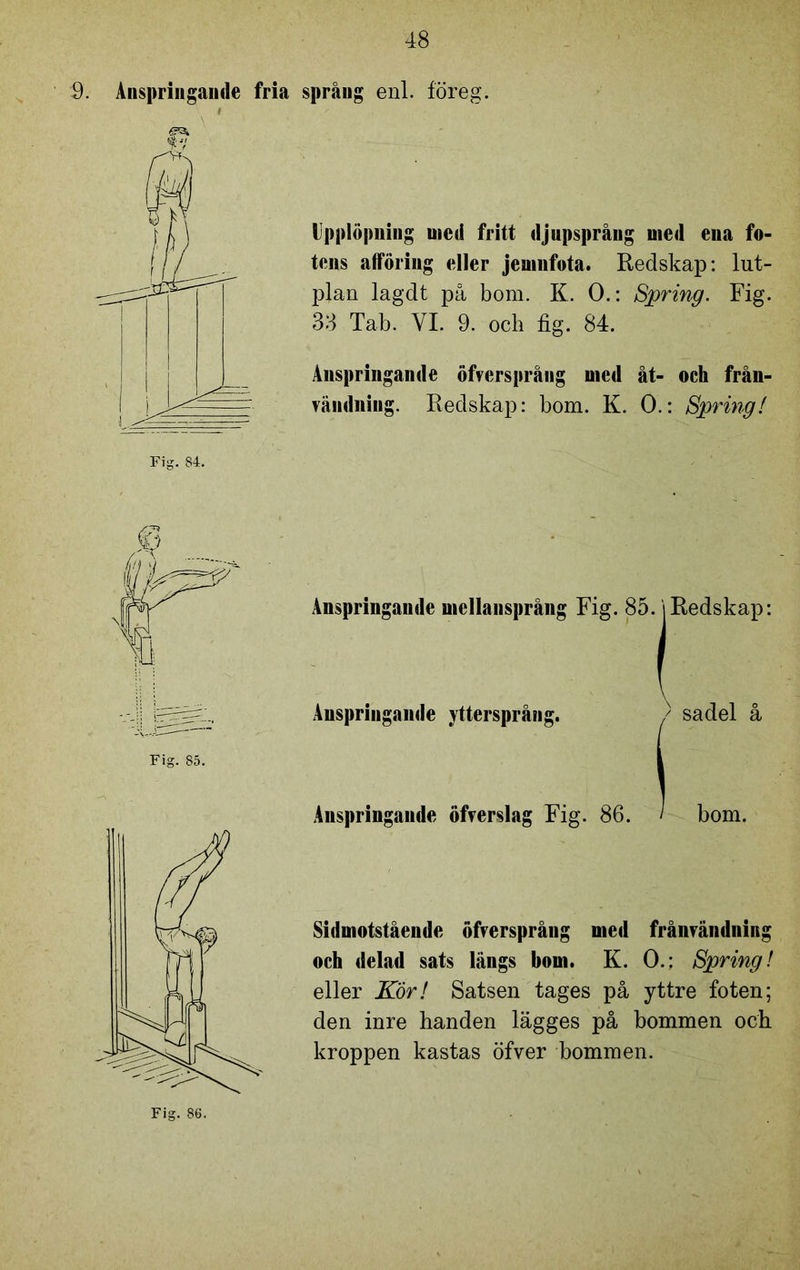 9. Anspringande fria språng enl. föreg. Upplöpning uied fritt djupsprång ined ena fo- tens afföring eller jemnfota. Redskap: lut- plan lagdt på bom. K. O.: Spring. Fig. 33 Tab. VI. 9. och fig. 84. Anspringande öfversprång med åt- och från- vändning. Redskap: bom. K. O.: Spring! Fig. 85. Anspringande mellansprång Fig. 85. Anspringande yttersprång. Anspringande öfverslag Fig. 86. Redskap: sadel å bom. Sidmotstående öfversprång med frånvändning och delad sats längs bom. K. O.: Spring! eller Kor! Satsen tages på yttre foten; den inre handen lägges på bommen och kroppen kastas öfver bommen.