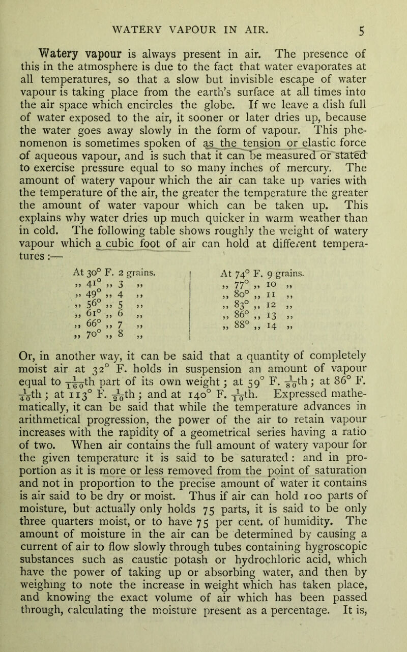 Watery vapour is always present in air. The presence of this in the atmosphere is due to the fact that water evaporates at all temperatures, so that a slow but invisible escape of water vapour is taking place from the earth’s surface at all times into the air space which encircles the globe. If we leave a dish full of water exposed to the air, it sooner or later dries up, because the water goes away slowly in the form of vapour. This phe- nomenon is sometimes spoken of as the tension or elastic force of aqueous vapour, and is such that it can be measured or stated to exercise pressure equal to so many inches of mercury. The amount of watery vapour which the air can take up varies with the temperature of the air, the greater the temperature the greater the amount of water vapour which can be taken up. This explains why water dries up much quicker in warm weather than in cold. The following table shows roughly the weight of watery vapour which a cubic foot of air can hold at different tempera- tures :— Or, in another way, it can be said that a quantity of completely moist air at 3 2° F. holds in suspension an amount of vapour equal to T“th part of its own weight; at 590 F. -gV-*1; at 86° F. —•til; at 1130 F. ~th ; and at 140° F. ~-th. Expressed mathe- matically, it can be said that while the temperature advances in arithmetical progression, the power of the air to retain vapour increases with the rapidity of a geometrical series having a ratio of two. When air contains the full amount of watery vapour for the given temperature it is said to be saturated : and in pro- portion as it is more or less removed from the point of saturation and not in proportion to the precise amount of water it contains is air said to be dry or moist. Thus if air can hold 100 parts of moisture, but actually only holds 75 parts, it is said to be only three quarters moist, or to have 75 per cent, of humidity. The amount of moisture in the air can be determined by causing a current of air to flow slowly through tubes containing hygroscopic substances such as caustic potash or hydrochloric acid, which have the power of taking up or absorbing water, and then by weighing to note the increase in weight which has taken place, and knowing the exact volume of air which has been passed through, calculating the moisture present as a percentage. It is, At 30° F. 2 grains. At 740 F. 9 grains. ,, ou ,, 11 ,, ,, 83° ,, 12 „ ,, 86° ,, 13 ,, „ 88° „ 14 „