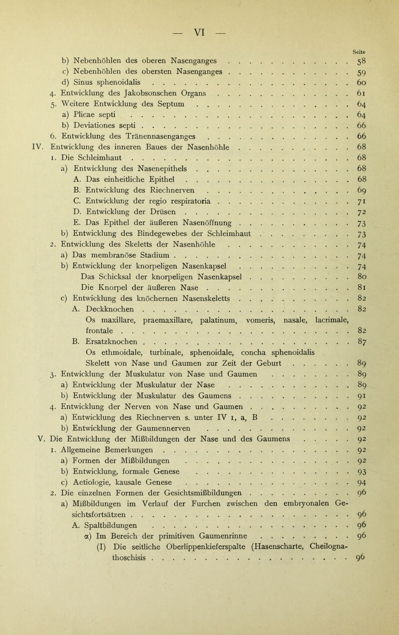 Seite b) Nebenhöhlen des oberen Nasenganges 58 c) Nebenhöhlen des obersten Nasenganges 59 d) Sinus sphenoidalis 60 4. Entwicklung des Jakobsonschen Organs 61 5. Weitere Entwicklung des Septum 64 a) Plicae septi 64 b) Deviationes septi 66 6. Entwicklung des Tränennasenganges 66 IV. Entwicklung des inneren Baues der Nasenhöhle 68 1. Die Schleimhaut 68 a) Entwicklung des Nasenepithels 68 A. Das einheitliche Epithel 68 B. Entwicklung des Riechnerven 69 C. Entwicklung der regio respiratoria 71 D. Entwicklung der Drüsen 72 E. Das Epithel der äußeren Nasenöffnung 73 b) Entwicklung des Bindegewebes der Schleimhaut 73 2. Entwicklung des Skeletts der Nasenhöhle 74 a) Das membranöse Stadium 74 b) Entwicklung der knorpeligen Nasenkapsel 74 Das Schicksal der knorpeligen Nasenkapsel 80 Die Knorpel der äußeren Nase 81 c) Entwicklung des knöchernen Nasenskeletts 82 A. Deckknochen 82 Os maxillare, praemaxillare, palatinum, vomeris, nasale, lacrimale, frontale 82 B. Ersatzknochen 87 Os ethmoidale, turbinale, sphenoidale, concha sphenoidalis Skelett von Nase und Gaumen zur Zeit der Geburt 89 3. Entwicklung der Muskulatur von Nase und Gaumen 89 a) Entwicklung der Muskulatur der Nase 89 b) Entwicklung der Muskulatur des Gaumens 91 4. Entwicklung der Nerven von Nase und Gaumen 92 a) Entwicklung des Riechnerven s. unter IV 1, a, B 92 b) Entwicklung der Gaumennerven 92 V. Die Entwicklung der Mißbildungen der Nase und des Gaumens 92 1. Allgemeine Bemerkungen 92 a) Formen der Mißbildungen 92 b) Entwicklung, formale Genese 93 c) Aetiologie, kausale Genese 94 2. Die einzelnen Formen der Gesichtsmißbildungen 96 a) Mißbildungen im Verlauf der Furchen zwischen den embryonalen Ge- sichtsfortsätzen 96 A. Spaltbildungen 96 a) Im Bereich der primitiven Gaumenrinne 96 (I) Die seitliche Oberlippenkieferspalte (Hasenscharte, Cheilogna- thoschisis 96