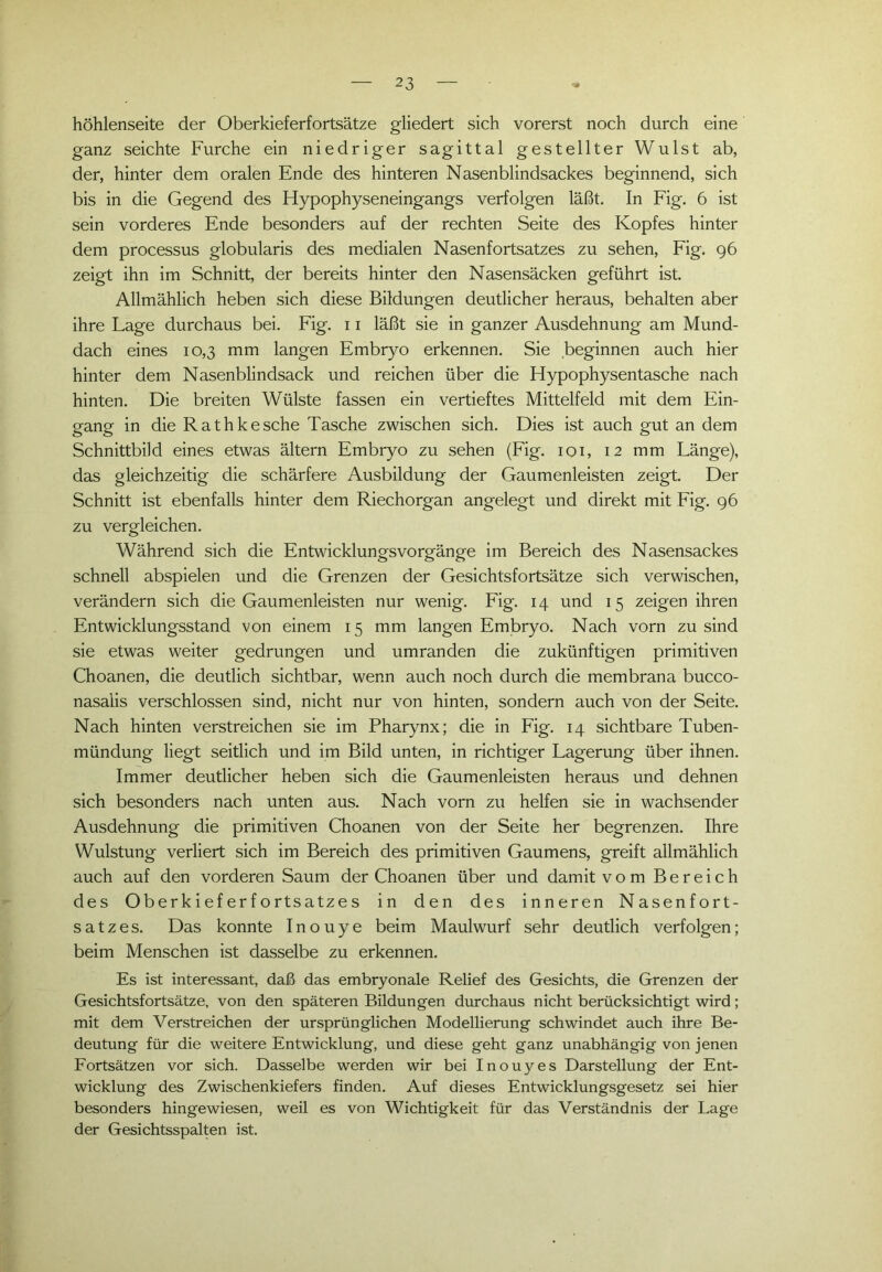 höhlenseite der Oberkieferfortsätze gliedert sich vorerst noch durch eine ganz seichte Furche ein niedriger sagittal gestellter Wulst ab, der, hinter dem oralen Ende des hinteren Nasenblindsackes beginnend, sich bis in die Gegend des Hypophyseneingangs verfolgen läßt. In Fig. 6 ist sein vorderes Ende besonders auf der rechten Seite des Kopfes hinter dem processus globularis des medialen Nasenfortsatzes zu sehen, Fig. 96 zeigt ihn im Schnitt, der bereits hinter den Nasensäcken geführt ist. Allmählich heben sich diese Bildungen deutlicher heraus, behalten aber ihre Lage durchaus bei. Fig. 11 läßt sie in ganzer Ausdehnung am Mund- dach eines 10,3 mm langen Embryo erkennen. Sie beginnen auch hier hinter dem Nasenblindsack und reichen über die Hypophysentasche nach hinten. Die breiten Wülste fassen ein vertieftes Mittelfeld mit dem Ein- gang in die Rathkesche Tasche zwischen sich. Dies ist auch gut an dem Schnittbild eines etwas ältern Embryo zu sehen (Fig. 101, 12 mm Länge), das gleichzeitig die schärfere Ausbildung der Gaumenleisten zeigt. Der Schnitt ist ebenfalls hinter dem Riechorgan angelegt und direkt mit Fig. 96 zu vergleichen. Während sich die Entwicklungsvorgänge im Bereich des Nasensackes schnell abspielen und die Grenzen der Gesichtsfortsätze sich verwischen, verändern sich die Gaumenleisten nur wenig. Fig. 14 und 15 zeigen ihren Entwicklungsstand von einem 15 mm langen Embryo. Nach vorn zu sind sie etwas weiter gedrungen und umranden die zukünftigen primitiven Choanen, die deutlich sichtbar, wenn auch noch durch die membrana bucco- nasalis verschlossen sind, nicht nur von hinten, sondern auch von der Seite. Nach hinten verstreichen sie im Pharynx; die in Fig. 14 sichtbare Tuben- mündung liegt seitlich und im Bild unten, in richtiger Lagerung über ihnen. Immer deutlicher heben sich die Gaumenleisten heraus und dehnen sich besonders nach unten aus. Nach vorn zu helfen sie in wachsender Ausdehnung die primitiven Choanen von der Seite her begrenzen. Ihre Wulstung verliert sich im Bereich des primitiven Gaumens, greift allmählich auch auf den vorderen Saum der Choanen über und damit vom Bereich des Oberkieferfortsatzes in den des inneren Nasenfort- satzes. Das konnte Inouye beim Maulwurf sehr deutlich verfolgen; beim Menschen ist dasselbe zu erkennen. Es ist interessant, daß das embryonale Relief des Gesichts, die Grenzen der Gesichtsfortsätze, von den späteren Bildungen durchaus nicht berücksichtigt wird; mit dem Verstreichen der ursprünglichen Modellierung schwindet auch ihre Be- deutung für die weitere Entwicklung, und diese geht ganz unabhängig von jenen Fortsätzen vor sich. Dasselbe werden wir bei Inouyes Darstellung der Ent- wicklung des Zwischenkiefers finden. Auf dieses Entwicklungsgesetz sei hier besonders hingewiesen, weil es von Wichtigkeit für das Verständnis der Lage der Gesichtsspalten ist.
