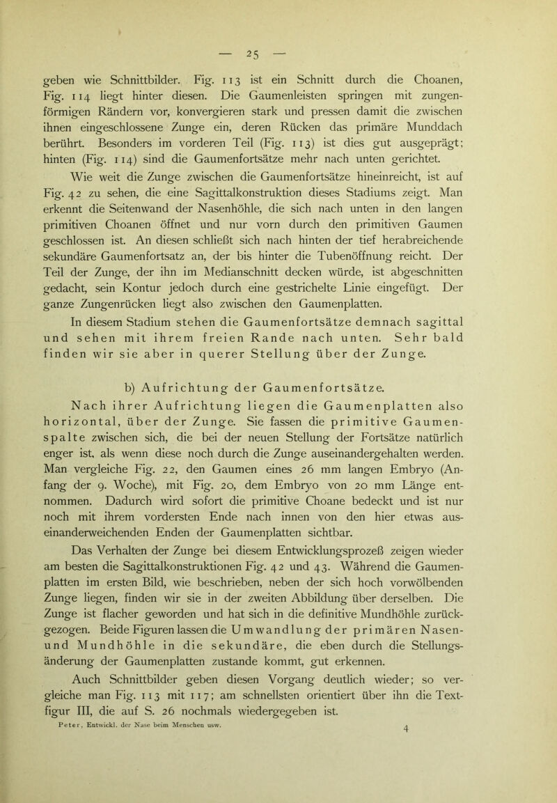 geben wie Schnittbilder. Fig. 113 ist ein Schnitt durch die Choanen, Fig. 114 liegt hinter diesen. Die Gaumenleisten springen mit zungen- förmigen Rändern vor, konvergieren stark und pressen damit die zwischen ihnen eingeschlossene Zunge ein, deren Rücken das primäre Munddach berührt. Besonders im vorderen Teil (Fig. 113) ist dies gut ausgeprägt; hinten (Fig. 114) sind die Gaumenfortsätze mehr nach unten gerichtet. Wie weit die Zunge zwischen die Gaumenfortsätze hineinreicht, ist auf Fig. 42 zu sehen, die eine Sagittalkonstruktion dieses Stadiums zeigt. Man erkennt die Seitenwand der Nasenhöhle, die sich nach unten in den langen primitiven Choanen öffnet und nur vorn durch den primitiven Gaumen geschlossen ist. An diesen schließt sich nach hinten der tief herabreichende sekundäre Gaumenfortsatz an, der bis hinter die Tubenöffnung reicht. Der Teil der Zunge, der ihn im Medianschnitt decken würde, ist abgeschnitten gedacht, sein Kontur jedoch durch eine gestrichelte Linie eingefügt. Der ganze Zungenrücken liegt also zwischen den Gaumenplatten. In diesem Stadium stehen die Gaumenfortsätze demnach sagittal und sehen mit ihrem freien Rande nach unten. Sehr bald finden wir sie aber in querer Stellung über der Zunge. b) Aufrichtung der Gaumenfortsätze. Nach ihrer Aufrichtung liegen die Gaumenplatten also horizontal, über der Zunge. Sie fassen die primitive Gaumen- spalte zwischen sich, die bei der neuen Stellung der Fortsätze natürlich enger ist, als wenn diese noch durch die Zunge auseinandergehalten werden. Man vergleiche Fig. 22, den Gaumen eines 26 mm langen Embryo (An- fang der 9. Woche), mit Fig. 20, dem Embryo von 20 mm Länge ent- nommen. Dadurch wird sofort die primitive Choane bedeckt und ist nur noch mit ihrem vordersten Ende nach innen von den hier etwas aus- einanderweichenden Enden der Gaumenplatten sichtbar. Das Verhalten der Zunge bei diesem Entwicklungsprozeß zeigen wieder am besten die Sagittalkonstruktionen Fig. 42 und 43. Während die Gaumen- platten im ersten Bild, wie beschrieben, neben der sich hoch vorwölbenden Zunge liegen, finden wir sie in der zweiten Abbildung über derselben. Die Zunge ist flacher geworden und hat sich in die definitive Mundhöhle zurück- gezogen. Beide Figuren lassen die Umwandlung der primären Nasen- und Mundhöhle in die sekundäre, die eben durch die Stellungs- änderung der Gaumenplatten zustande kommt, gut erkennen. Auch Schnittbilder geben diesen Vorgang deutlich wieder; so ver- gleiche man Fig. 113 mit 117; am schnellsten orientiert über ihn die Text- figur III, die auf S. 26 nochmals wiedergegeben ist. Peter, Entwickl. der Nase beim Menschen usw. 4