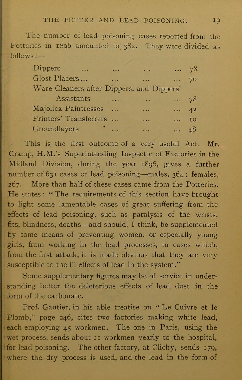 The number of lead poisoning cases reported from the Potteries in 1896 amounted to, 382. They were divided as follows:— Dippers dost Placers... Ware Cleaners after Dippers, and Dippers’ Assistants Majolica Paintresses ... Printers’ Transferrers ... Groundlayers * ... 7« 70 78 42 10 48 This is the first outcome of a very useful Act. Mr. Cramp, H.M.’s Superintending Inspector of Factories in the Midland Division, during the year 1896, gives a further number of 631 cases of lead poisoning—males, 364; females, 267. More than half of these cases came from the Potteries. He states; “The requirements of this section have brought to light some lamentable cases of great suffering from the effects of lead poisoning, such as paralysis of the wrists, fits, blindness, deaths—and should, I think, be supplemented by some means of preventing women, or especially young girls, from working in the lead processes, in cases which, from the first attack, it is made obvious that they are very susceptible to the ill effects of lead in the system.” Some supplementary figures may be of service in under- standing better the deleterious effects of lead dust in the form of the carbonate. Prof. Gautier, in his able treatise on “ Le Cuivre et le Plomb,” page 246, cites two factories making white lead, each employing 45 workmen. The one in Paris, using the wet process, sends about 11 workmen yearly to the hospital, for lead poisoning. The other factory, at Clichy, sends 179, where the dry process is used, and the lead in the form of