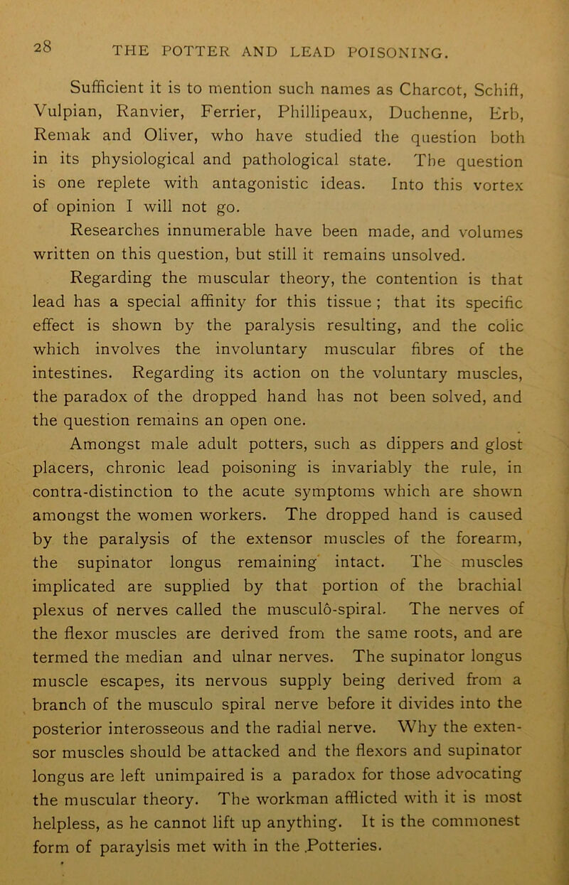 Sufficient it is to mention such names as Charcot, Schift, Vulpian, Ranvier, Ferrier, Phillipeaux, Duchenne, Erb, Remak and Oliver, who have studied the question both in its physiological and pathological state. The question is one replete with antagonistic ideas. Into this vortex of opinion I will not go. Researches innumerable have been made, and volumes written on this question, but still it remains unsolved. Regarding the muscular theory, the contention is that lead has a special affinity for this tissue ; that its specific effect is shown by the paralysis resulting, and the colic which involves the involuntary muscular fibres of the intestines. Regarding its action on the voluntary muscles, the paradox of the dropped hand has not been solved, and the question remains an open one. Amongst male adult potters, such as dippers and glost placers, chronic lead poisoning is invariably the rule, in contra-distinction to the acute symptoms which are shown amongst the women workers. The dropped hand is caused by the paralysis of the extensor muscles of the forearm, the supinator longus remaining' intact. The muscles implicated are supplied by that portion of the brachial plexus of nerves called the musculo-spiral. The nerves of the flexor muscles are derived from the same roots, and are termed the median and ulnar nerves. The supinator longus muscle escapes, its nervous supply being derived from a branch of the musculo spiral nerve before it divides into the posterior interosseous and the radial nerve. Why the exten- sor muscles should be attacked and the flexors and supinator longus are left unimpaired is a paradox for those advocating the muscular theory. The workman afflicted with it is most helpless, as he cannot lift up anything. It is the commonest form of paraylsis met with in the .Potteries.
