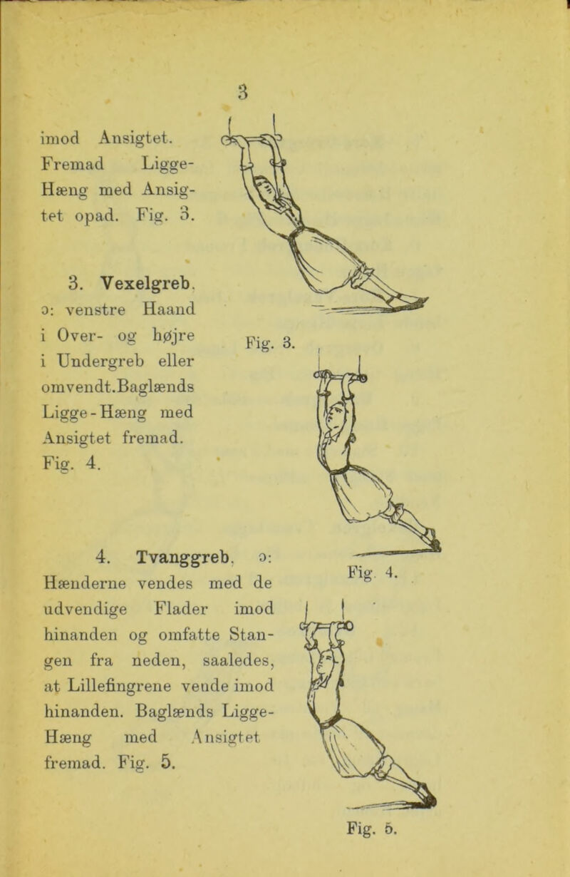 imod Ansigtet. Fremad Ligge- Hæng med Ansig- tet opad. Fig. o. 3. Vexelgreb. o: venstre Haand i Over- og højre i Undergreb eller om vendt.Baglænds Ligge-Hæng med Ansigtet fremad. 4. Tvanggreb, o: Hænderne vendes med de udvendige Flader imod hinanden og omfatte Stan- gen fra neden, saaledes, at Lillefingrene vende imod hinanden. Baglænds Ligge- Hæng med Ansigtet fremad. Fig. 5.