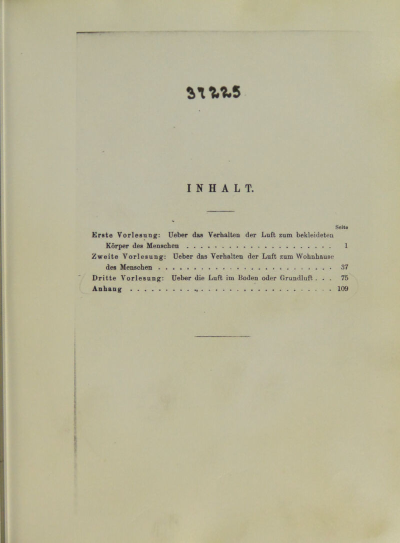 INHALT. Solte Ente Vorlesung: lieber das Verhalten der Luft zum bekleideten Körper des Menschen 1 Zweite Vorlesung: lieber das Verhalten der Luft zum Wohnhause des Menschen 87 Dritte Vorlesung: lieber die Luft im Loden oder Grundluft. . . 75 Anhang 109