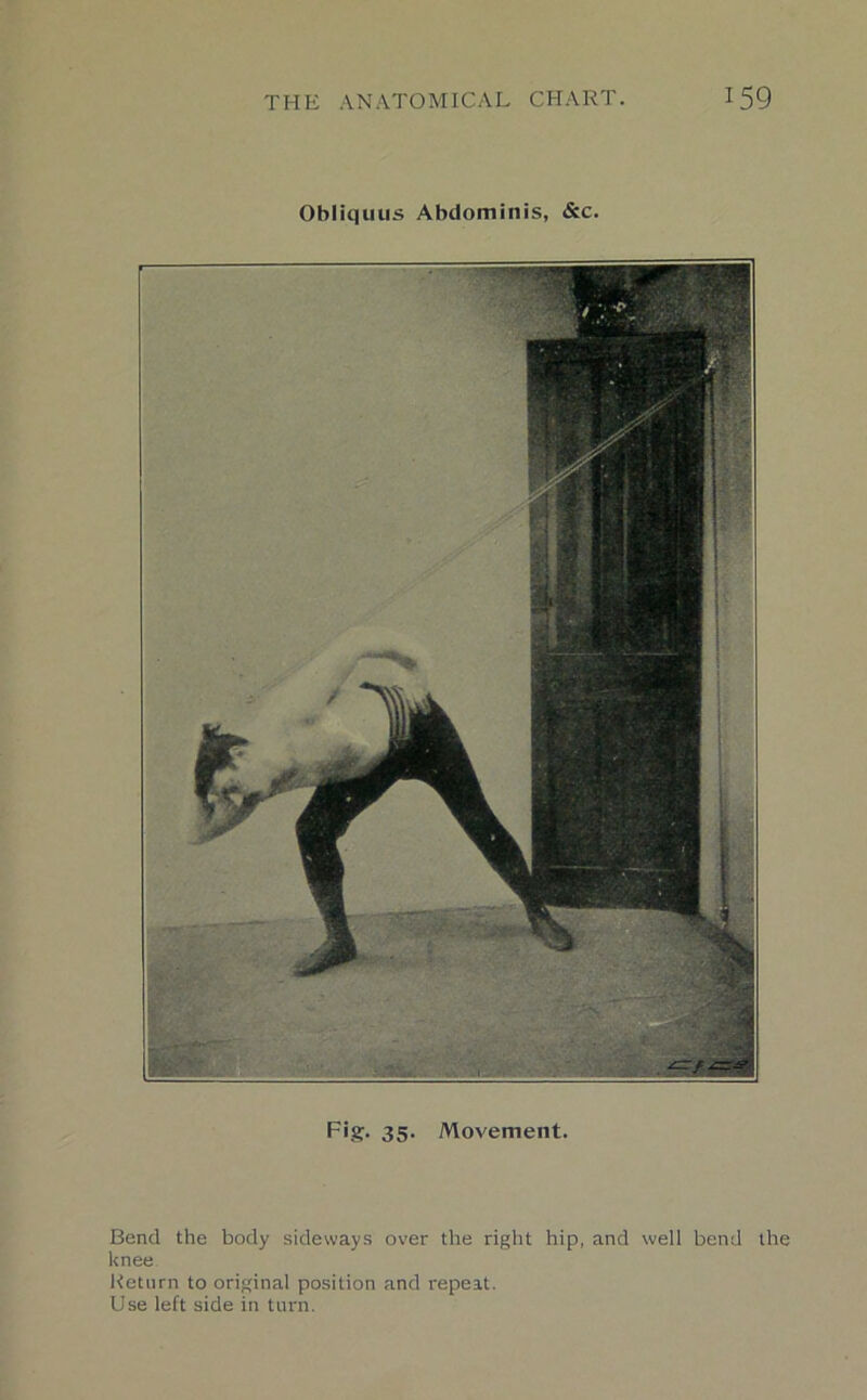 Obliquus Abdominis, &c. F'g- 35 Movement. Bend the body sideways over the right hip, and well bend the knee Ketiirn to original position and repeat. Use left side in turn.