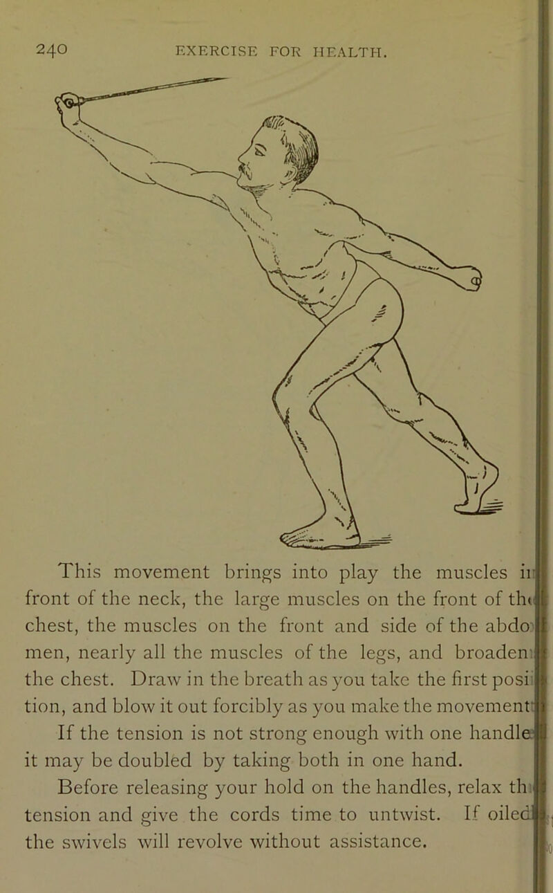 This movement brings into play the muscles ir front of the neck, the large muscles on the front of thd chest, the muscles on the front and side of the abdo'' men, nearly all the muscles of the legs, and broadem the chest. Draw in the breath as you take the first posii tion, and blow it out forcibly as you make the movement: If the tension is not strong enough with one handle it may be doubled by taking both in one hand. Before releasing your hold on the handles, relax tin tension and give the cords time to untwist. If oiled the swivels will revolve without assistance.