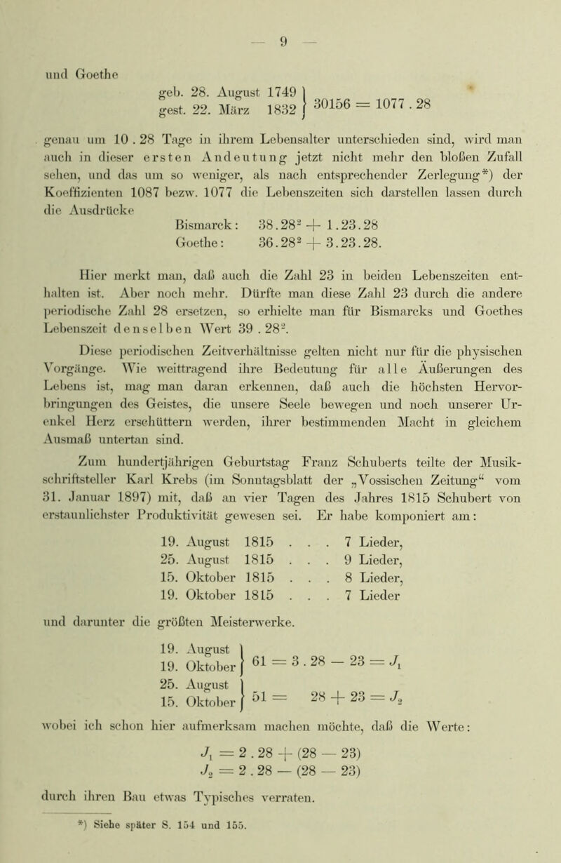 und Goethe geb. 28. August 1749 gest. 22. März 1832 30156 = 1077.28 genau um 10.28 Tage in ihrem Lebensalter unterschieden sind, wird man auch in dieser ersten Andeutung jetzt nicht mehr den bloßen Zufall sehen, und das um so weniger, als nach entsprechender Zerlegung*) der Koeffizienten 1087 bezw. 1077 die Lebenszeiten sich darstellen lassen durch die Ausdrücke Hier merkt man, daß auch die Zahl 23 in beiden Lebenszeiten ent- halten ist. Aber noch mehr. Dürfte man diese Zahl 23 durch die andere periodische Zahl 28 ersetzen, so erhielte man für Bismarcks und Goethes Lebenszeit denselben Wert 39.282. Diese periodischen Zeitverhältnisse gelten nicht nur für die physischen Vorgänge. Wie weittragend ihre Bedeutung für alle Äußerungen des Lebens ist, mag man daran erkennen, daß auch die höchsten Hervor- bringungen des Geistes, die unsere Seele bewegen und noch unserer Ur- enkel Herz erschüttern werden, ihrer bestimmenden Macht in gleichem Ausmaß untertan sind. Zum hundertjährigen Geburtstag Franz Schuberts teilte der Musik- schriftsteller Karl Krebs (im Sonntagsblatt der „Vossischen Zeitung“ vom 31. Januar 1897) mit, daß an vier Tagen des Jahres 1815 Schubert von erstaunlichster Produktivität gewesen sei. Er habe komponiert am: wobei ich schon hier aufmerksam machen möchte, daß die Werte: Bismarck: 38.282 + 1.23.28 Goethe: 36.282 + 3.23.28. 19. August 1815 ... 7 Lieder, 25. August 1815 ... 9 Lieder, 15. Oktober 1815 ... 8 Lieder, 19. Oktober 1815 . . . 7 Lieder und darunter die größten Meisterwerke. J, = 2.28 + (28 — 23) J2 = 2.28 — (28 — 23) durch ihren Bau etwas Typisches verraten. Siehe später S. 154 und 155.