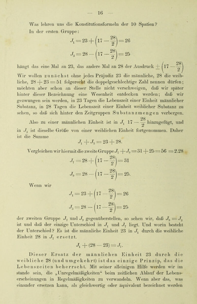 Was lehren uns die Konstitutionsformeln der 10 Spatien? In der ersten Gruppe: ^ = 23 + ^17—yj = 26 J„ = 28-(l7-??) = 25 hängt das eine Mal an 23, das andere Mal an 28 der Ausdruck + ^17 —j Wir wollen zunächst ohne jedes Präjudiz 23 die männliche, 28 die weib- liche, 28 —J— 23 = 51 folgerecht die doppelgeschlechtige Zahl nennen dürfen; möchten aber schon an dieser Stelle nicht verschweigen, daß wir später hinter dieser Bezeichnung eine Wesenheit entdecken werden; daß wir gezwungen sein werden, in 23 Tagen die Lebenszeit einer Einheit männlicher Substanz, in 28 Tagen die Lebenszeit einer Einheit weiblicher Substanz zu sehen, so daß sich hinter den Zeitgruppen Substanzmengen verbergen. 28 Also zu einer männlichen Einheit ist in Jy 17 — hinzugefügt, und in J3 ist dieselbe Größe von einer weiblichen Einheit fortgenommen. Daher ist die Summe Ji —j— J3 — 23 —f— 28. Vergleichen wir hiermit die zweite Gruppe J7 -j- Jg — 31 -f- 25 = 56 = 2.28 J,=28 + (l7-^)=31 J, = 28 —(l7—yj = 25. Wenn wir J1 = 23 + (l7~^ = 26 /, = 28-(l7-^j=25 der zweiten Gruppe J7 und «79 gegenüberstellen, so sehen wir, daß Ja = J3 ist und daß der einzige Unterschied in Jv und J7 liegt. Und worin besteht der Unterschied? Es ist die männliche Einheit 23 in Jx durch die weibliche Einheit 28 in J7 ersetzt. -f (28 — 23) = J7. Dieser Ersatz der männlichen Einheit 23 durch die weibliche 28 (und umgekehrt) ist das einzige Prinzip, das die Lebenszeiten beherrscht. Mit seiner alleinigen Hilfe werden wir im stände sein, die „Unregelmäßigkeiten“ beim zeitlichen Ablauf der Lebens- erscheinungen in Regelmäßigkeiten zu verwandeln. Wenn aber das, was einander ersetzen kann, als gleichwertig oder äquivalent bezeichnet werden