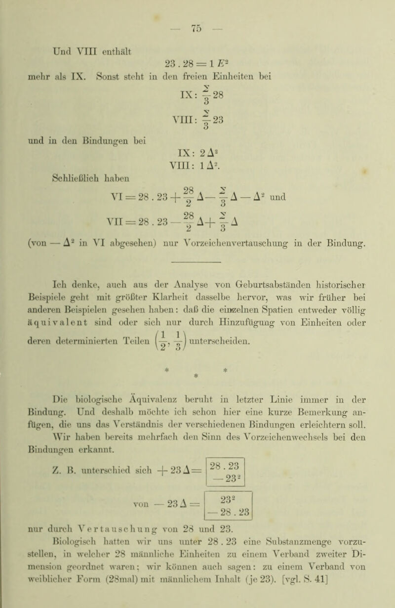 Und VIII enthält 23.28 = 1 FJ mehr als IX. Sonst steht in den freien Einheiten bei IX: §28 VIII : |^23 und in den Bindungen bei IX: 2Aa VIII: lA2. Schließlich haben 28 v VI = 28.23 + y A— j A — A* und 98 v vn = 28.23 — 2 A+ J A (von — A8 in VI abgesehen) nur Vorzeichenvertauschung in der Bindung. Ich denke, auch aus der Analyse von Geburtsabständen historischer Beispiele geht mit größter Klarheit dasselbe hervor, was wir früher bei anderen Beispielen gesehen haben: daß die einzelnen Spatien entweder völlig äquivalent sind oder sich nur durch Hinzufügung von Einheiten oder deren determinierten Teilen unterscheiden. * * * Die biologische Äquivalenz beruht in letzter Linie immer in der Bindung. Und deshalb möchte ich schon hier eine kurze Bemerkung an- fügen, die uns das Verständnis der verschiedenen Bindungen erleichtern soll. Wir haben bereits mehrfach den Sinn des Vorzeichen Wechsels bei den Bindungen erkannt. Z. B. unterschied sich —}— 23 A = 28.23 — 232 von — 23 A = 232 — 28.23 nur durch Vertauschung von 28 und 23. Biologisch hatten wir uns unter 28.23 eine Substanzmenge vorzu- stellen, in welcher 28 männliche Einheiten zu einem Verband zweiter Di- mension geordnet waren: wir können auch sagen: zu einem Verband von weiblicher Form (28mal) mit männlichem Inhalt (je 23). [vgl. S. 41]