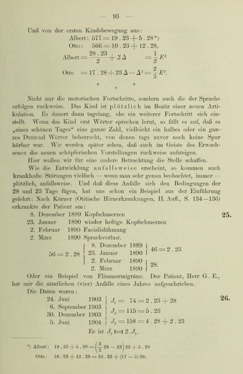 Und von der ersten Kindsbewegung aus: Albert: 577 = 19.23 + 5.28 *) Otto: 566=10.23 + 12.28. Nicht nur die motorischen Fortschritte, sondern auch die der Sprache erfolgen ruckweise. Das Kind ist plötzlich im Besitz einer neuen Arti- kulation. Es dauert dann tagelang, ehe ein weiterer Fortschritt sich ein- stellt. Wenn das Kind erst Wörter sprechen lernt, so fällt es auf, daß es „eines schönen Tages“ eine ganze Zahl, vielleicht ein halbes oder ein gan- zes Dutzend Wörter beherrscht, von denen tags zuvor noch keine Spur hörbar war. Wir werden später sehen, daß auch im Geiste des Erwach- senen die neuen schöpferischen Vorstellungen ruckweise aufsteigen. Hier wollen wir für eine andere Betrachtung die Stelle schaffen. Wie die Entwicklung anfallsweise erscheint, so kommen auch krankhafte Störungen vielfach — wenn man sehr genau beobachtet, immer —■ plötzlich, anfallswcise. Und daß diese Anfälle sich den Bedingungen der 28 und 23 Tage fügen, hat uns schon ein Beispiel aus der Einführung gelehrt: Nach Körner (Otitischc Hirnerkrankuugen, II. Aufl., S. 134—136) erkrankte der Patient am: 8. Dezember 1889 Kopfschmerzen 25. 23. Januar 1890 wieder heftige Kopfschmerzen 2. Februar 1890 Facialislühmung 2. März 1890 Sprachverlust. Oder ein Beispiel von Flimmermigräne. Der Patient, Herr G. E., hat mir die sämtlichen (vier) Anfälle eines Jahres aufgeschrieben. Die Daten waren: 56 = 2.28 23. Januar I 8. Dezember 1889 1 n no 23. Januar 1890 1 46 = 223 24. Juni 1903 j 6. September 1903 ) 30. Dezember 1903 j 5. Juni 1904 ] j Jx — 74 = 2.23 + 28 26. 1904 } J3 = 158 = 4.28 + 2.23 Es ist J31=| 2. «7,. *) Albert: 19.28 + 6.28 = |-|-28 — 23j 23 + 5.2 Otto: 10.23 + 12. 28 = 10.23 + (17 — 5) 28. 28 - 23 23 + 6.28