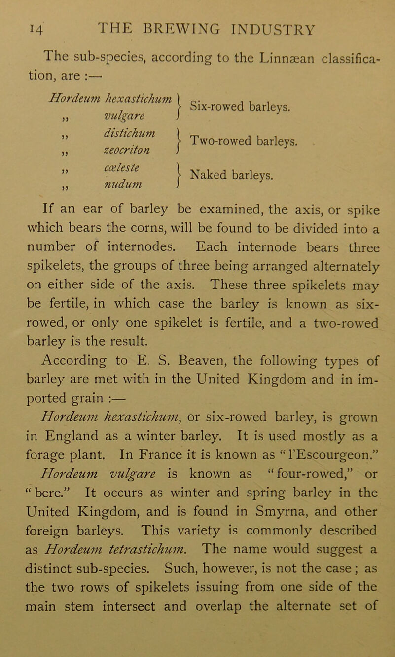 The sub-species, according to the Linnaean classifica- tion, are :— Hordeum hexastichum „ vulgare ,, distichum ,, zeocriton ,, cceleste ,, nudum Six-rowed barleys. Two-rowed barleys. Naked barleys. If an ear of barley be examined, the axis, or spike which bears the corns, will be found to be divided into a number of internodes. Each internode bears three spikelets, the groups of three being arranged alternately on either side of the axis. These three spikelets may be fertile, in which case the barley is known as six- rowed, or only one spikelet is fertile, and a two-rowed barley is the result. According to E. S. Beaven, the following types of barley are met with in the United Kingdom and in im- ported grain :— Hordeum hexastichum, or six-rowed barley, is grown in England as a winter barley. It is used mostly as a forage plant. In France it is known as “ l’Escourgeon.” Hordeum vulgare is known as “ four-rowed,” or “ bere.” It occurs as winter and spring barley in the United Kingdom, and is found in Smyrna, and other foreign barleys. This variety is commonly described as Hordeum tetrastichum. The name would suggest a distinct sub-species. Such, however, is not the case; as the two rows of spikelets issuing from one side of the main stem intersect and overlap the alternate set of