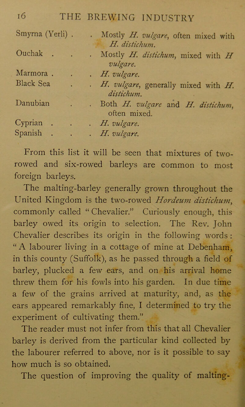 Smyrna (Yerli) . Ouchak . Marmora . Black Sea Danubian Cyprian . Spanish . Mostly II. vulgare, often mixed with II. distichum. Mostly H distichum, mixed with II vulgare. . H. vulgare. . H. vulgare, generally mixed with H. distichum. . Both H. vulgare and H. distichum, often mixed. II. vulgare. . H. vulgare. From this list it will be seen that mixtures of two- rowed and six-rowed barleys are common to most foreign barleys. The malting-barley generally grown throughout the United Kingdom is the two-rowed Hordeum distichum, commonly called “ Chevalier.” Curiously enough, this barley owed its origin to selection. The Rev. John Chevalier describes its origin in the following words : “ A labourer living in a cottage of mine at Debenham, in this county (Suffolk), as he passed through a field of barley, plucked a few ears, and on his arrival home threw them for his fowls into his garden. In due time a few of the grains arrived at maturity, and, as the ears appeared remarkably fine, I determined to try the experiment of cultivating them.” The reader must not infer from this that all Chevalier barley is derived from the particular kind collected by the labourer referred to above, nor is it possible to say how much is so obtained. The question of improving the quality of malting-