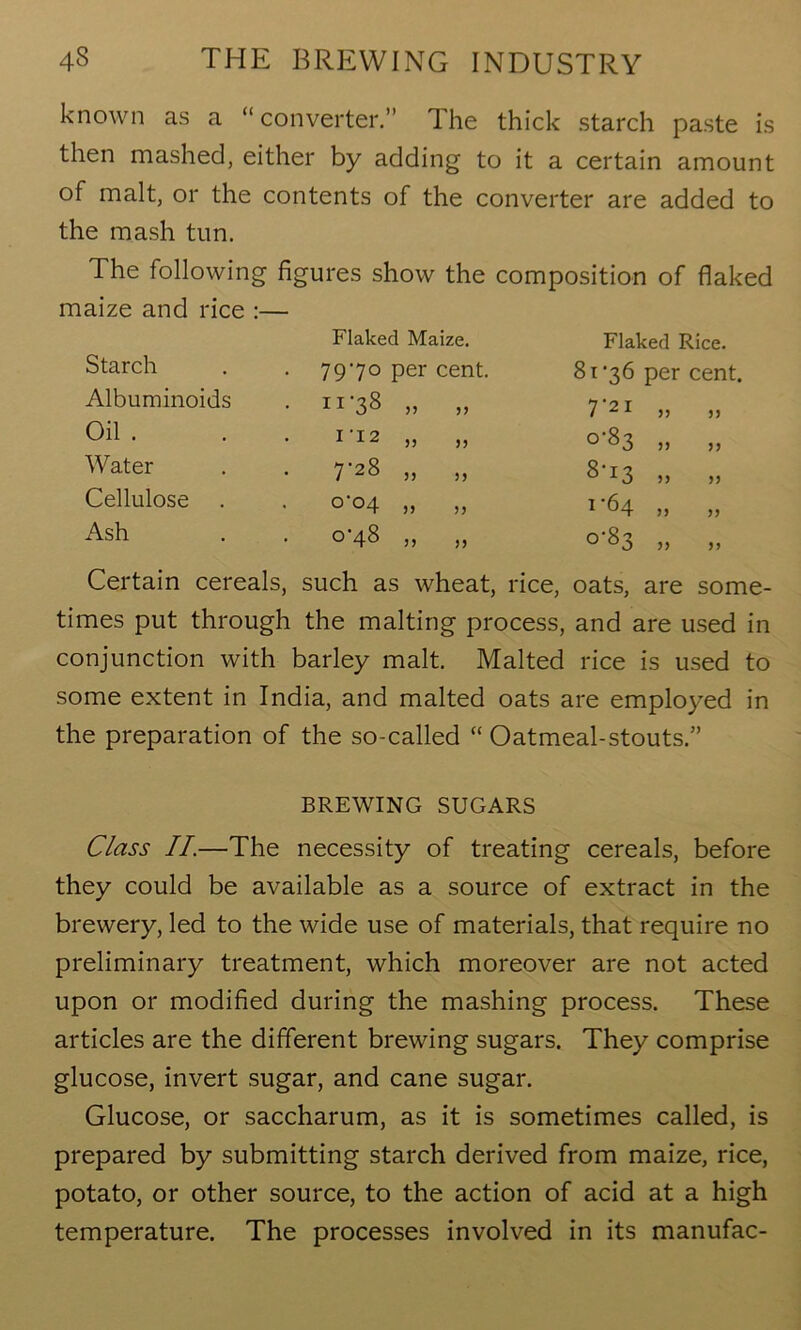 known as a “converter.” The thick starch paste is then mashed, either by adding to it a certain amount of malt, or the contents of the converter are added to the mash tun. The following figures show the composition of flaked maize and rice :— Starch Albuminoids Oil . Water Cellulose Ash Flaked Maize. 7970 per cent n'38 „ „ * 12 5j ,, 7‘28 „ „ 0 °4 >> >) 0-48 „ „ Flaked Rice. 81‘36 per cent. 7'2i „ „ °'83 » „ 8-13 „ ,, * 64 >) >> °‘83 » „ Certain cereals, such as wheat, rice, oats, are some- times put through the malting process, and are used in conjunction with barley malt. Malted rice is used to some extent in India, and malted oats are employed in the preparation of the so-called “ Oatmeal-stouts.” BREWING SUGARS Class II—The necessity of treating cereals, before they could be available as a source of extract in the brewery, led to the wide use of materials, that require no preliminary treatment, which moreover are not acted upon or modified during the mashing process. These articles are the different brewing sugars. They comprise glucose, invert sugar, and cane sugar. Glucose, or saccharum, as it is sometimes called, is prepared by submitting starch derived from maize, rice, potato, or other source, to the action of acid at a high temperature. The processes involved in its manufac-