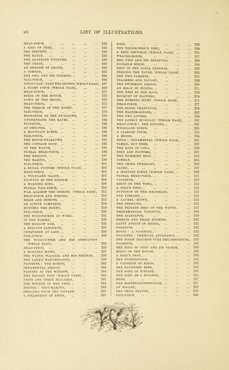 HEA.D PIECE, A BIRD OF PREY, THE SERPENT, .. THE EAGLE, THE ALGERINE VULTURE, THE CHASE, AN EMBLEM OF DEATH, A COMEDY, THE OWL AND ITS ENEMIES,.. TAIL-PIECE, TITLE PAGE : PART THE SECOND (WHOLE. PAGE), A NIGHT PIECE (wHOLE PAGE), HEAD-PIECE, BIRDS ON THE BOUGH, DOWN BY THE BROOK, HEAD-PIECE, THE TERROR OF THE NIGHT, TAIL-PIECE, MIGRATION OF THE SWALLOWS, .. .. UNDERNEATH THE EAVES, VIGNETTE, AT SHELTER, A MOUNTAIN SCENE, .. TAIL-PIECE, THE HOUSE-SWALLOWS, THE COTTAGE ROOF, . . ON THE WATCH, FLORAL HEAD-PIECE, .. THE MEADOW, .. THE MARTIN, .. TAIL-PIECE, A RURAL PICTURE (W'HOLE PAGe), .. HEAD-PIECE, A WOODLAND GLADE, . . FLOWING IN THE STREAM, A MORNING SONG, FLORAL TAIL-PIECE, . . WAR AGAINST THE INSECTS (WHOLE PAGE), HEAD-PIECE AND BORDER, BIRDS AND INSECTS, .. AN ACTIVE CAMPAIGN, HUNTING THE ENEMY, TAIL-PIECE, THE WOODPECKER AT WORK, IN THE FOREST, THE HOLLOW OAK, A ZEALOUS LABOURER, CONQUERED AT LAST, . . TAIL-PIECE, THE WOODCUTTER AND HIS COMPANION (whole page), HEAD-PIECE, A MORNING HYMN, THE WATER WAGTAIL AND HIS FRIENDS, THE lark’s harvest-song, . . VIGNETTE : THE ROBINS, ORNAMENTAL DESIGN, TAPPING AT THE WINDOW, .. THE HIDDEN NEST (wHOLE PAGE), .. NESTS AND THEIR BUILDERS, THE MOTHER IN HER NEST, .. BORDER : NEST-MAKING, STEALING FROM THE DISTAFF, K COLLECTION OF NESTS, 153 154 156 158 159 160 162 163 164 166 167 169 171 172 173 175 177 178 179 184 184 186 188 190 191 193 195 196 197 199 201 203 205 207 208 209 210 211 213 215 218 219 220 221 223 225 227 230 232 233 235 237 238 240 242 243 244 245 247 248 249 250 251 nest, THE tailor-bird’s NEST, A BIRD REPUBLIC (WHOLE PAGe), .. WEAVER-BIRDS, THE NEST AND ITS TREASURE, SOCIABLE BIRDS, NEST OF THE LOXIA PENSILIS, FEEDING THE YOUNG (WHOLE PAGE), THE TWO PARENTS, TEACHERS AND TAUGHT, THE SWIMMING LESSON, AN ESSAY IN FLYING, . . THE NEST IN THE RAIN, BOUQUET OF FLOWERS, THE EVENING HYMN (wHOLE PAGe), HEAD-PIECE, THE BLIND CHAFFINCH, THE MASTER-SINGER, .. THE TWO LOVERS, THE LONELY MUSICIAN (wHOLE PAGe), HEAD-PIECE : THE SINGERS, .. WOODLAND SCENE, A CLARION VOICE, A BROOK, TITLE : ORNAMENTAL (WHOLE PAGE), TAMED, BUT FREE, THE KING OF SONG, . . BIRD AND FLOWERS, .. THE HUMMING BIRD, . . COMBAT, THE CHINA PHEASANT, CAGED, .. A HARVEST SCENE (wHOLE PAGE), . . FLORAL HEAD-PIECE, . . VIGNETTE, BIRDS ON THE WING, . . A bird’s NEST, .. PUFFINGS ON THE ICE-FIELDS, OUR LIBRARY, .. A LAUREL CROWN, THE PENGUINS, THE FRIGATE BIRD ON THE WAVES, EMBLEMATICAL VIGNETTE, THE ALLIGATOR, INSECTS AND THEIR ENEMIES, LATET ANGIUS IN HERBA, VIGNETTE, books: a vignette,.. VIGNETTE : CHEMICAL APPARATUS,.. THE birds’ TRIUMPH OVER THE DESTROYER, VIGNETTE, THE BIRD OF PREY AND ITS VICTIM, BIRDS ON THE BOUGH, A bird’s nest, . . THE NIGHTINGALE, A VIGNETTE OF BIRDS, THE FAVOURED BIRD, THE SONG OF ECSTASY, THE BIRD AS A BUILDER, HENS, THE MASTER-NIGHTINGALE, .. AN EAGLET, THE CHILI FALCON, TAIL-PIECE, 253 254 255 257 258 260 262 263 265 268 269 271 278 274 275 277 279 282 284 285 287 291 293 294 295 297 298 301 302 304 305 307 309 311 312 314 314 315 315 316 316 317 318 319 320 321 321 322 323 325 326 326 328 329 330 332 332 333 334 337 337 338 338 340
