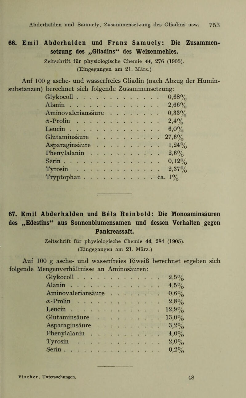 66. Emil Abderhalden und Franz Samuely: Die Zusammen- setzung des „Gliadins“ des Weizenmehles. Zeitschrift für physiologische Chemie 44, 276 (1905). (Eingegangen am 21. März.) Auf 100 g asche- und wasserfreies Gliadin (nach Abzug der Humin- substanzen) berechnet sich folgende Zusammensetzung: Glykocoll 0,68% Alanin 2,66% Aminovaleriansäure 0,33% ot-Prolin 2,4% Leucin 6,0% Glutaminsäure 27,6% Asparaginsäure 1,24% Phenylalanin 2,6% Serin 0,12% Tyrosin 2,37% Tryptophan ca. 1% 67. Emil Abderhalden und B61a Reinbold: Die Monoaminsäuren des „Edestins“ aus Sonnenblumensamen und dessen Verhalten gegen Pankreassaft. Zeitschrift für physiologische Chemie 44, 284 (1905). (Eingegangen am 21. März.) Auf 100 g asche- und wasserfreies Eiweiß berechnet ergeben sich folgende Mengenverhältnisse an Aminosäuren: Glykocoll 2,5% Alanin 4,5% Aminovaleriansäure 0,6% a-Prolin 2,8% Leucin 12,9% Glutaminsäure 13,0% Asparaginsäure 3,2% Phenylalanin 4,0% Tyrosin 2,0% Serin 0,2% Fischer, Untersuchungen. 48