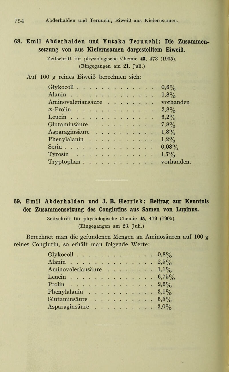 68. Emil Abderhalden und Yutaka Teruuchi: Die Zusammen- setzung von aus Kiefernsamen dargestelltem Eiweiß. Zeitschrift für physiologische Chemie 45, 473 (1905). (Eingegangen am 21. Juli.) Auf 100 g reines Eiweiß berechnen sich: Glykocoll 0,6% Alanin 1,8% Aminovaleriansäure vorhanden oc-Prolin 2,8% Leucin 6,2% Glutaminsäure 7,8% Asparaginsäure 1,8% Phenylalanin 1>2% Serin 0,08% Tyrosin 1,7% Tryptophan vorhanden. 69. Emil Abderhalden und J. B. Herrick: Beitrag zur Kenntnis der Zusammensetzung des Conglutins aus Samen von Lupinus. Zeitschrift für physiologische Chemie 45, 479 (1905). (Eingegangen am 23. Juli.) Berechnet man die gefundenen Mengen an Aminosäuren auf 100 g reines Conglutin, so erhält man folgende Werte: Glykocoll 0,8% Alanin 2,5% Aminovaleriansäure 1,1% Leucin 6,75% Prohn 2,6% Phenylalanin 3,1% Glutaminsäure 6,5% Asparaginsäure 3,0%