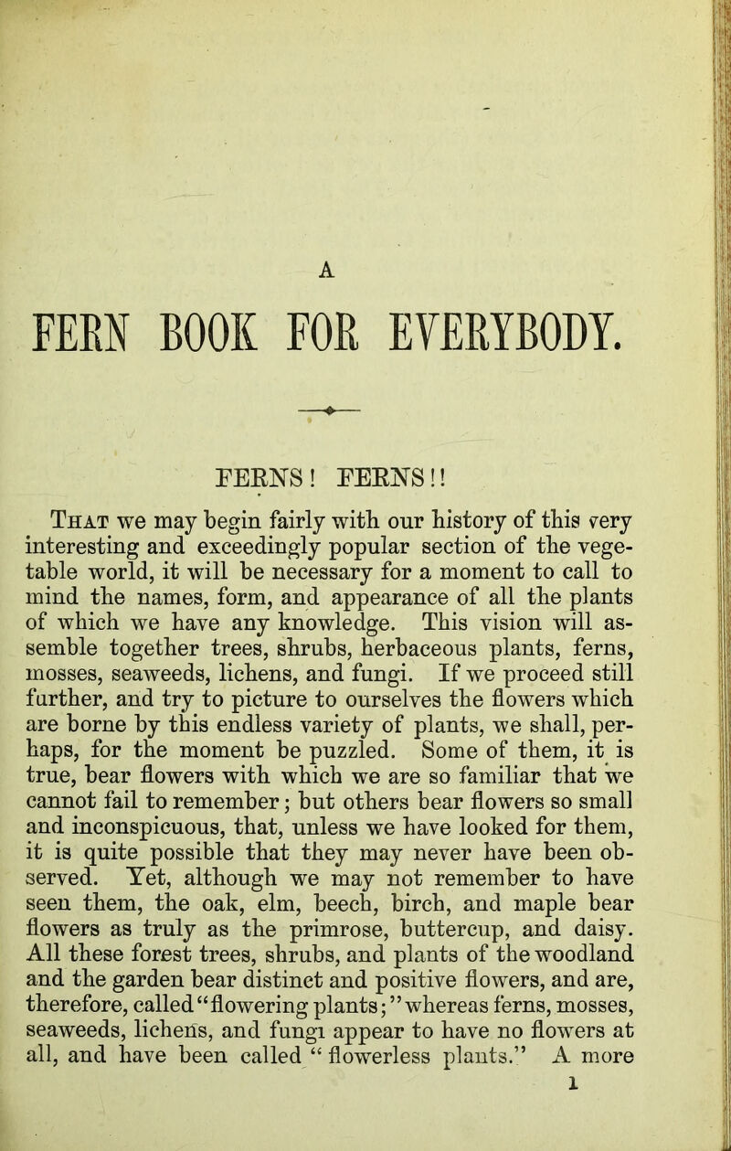 FERN BOOK FOR EVERYBODY. 4> FERNS! FERNS!! That we may begin fairly with our history of this very interesting and exceedingly popular section of the vege- table world, it will be necessary for a moment to call to mind the names, form, and appearance of all the plants of which we have any knowledge. This vision will as- semble together trees, shrubs, herbaceous plants, ferns, mosses, seaweeds, lichens, and fungi. If we proceed still farther, and try to picture to ourselves the flowers which are borne by this endless variety of plants, we shall, per- haps, for the moment be puzzled. Some of them, it is true, bear flowers with which we are so familiar that we cannot fail to remember; but others bear flowers so small and inconspicuous, that, unless we have looked for them, it is quite possible that they may never have been ob- served. Yet, although we may not remember to have seen them, the oak, elm, beech, birch, and maple bear flowers as truly as the primrose, buttercup, and daisy. All these forest trees, shrubs, and plants of the woodland and the garden bear distinet and positive flowers, and are, therefore, called “flowering plants;’’whereas ferns, mosses, seaweeds, lichens, and fungi appear to have no flowers at all, and have been called “ flowerless plants.” A more