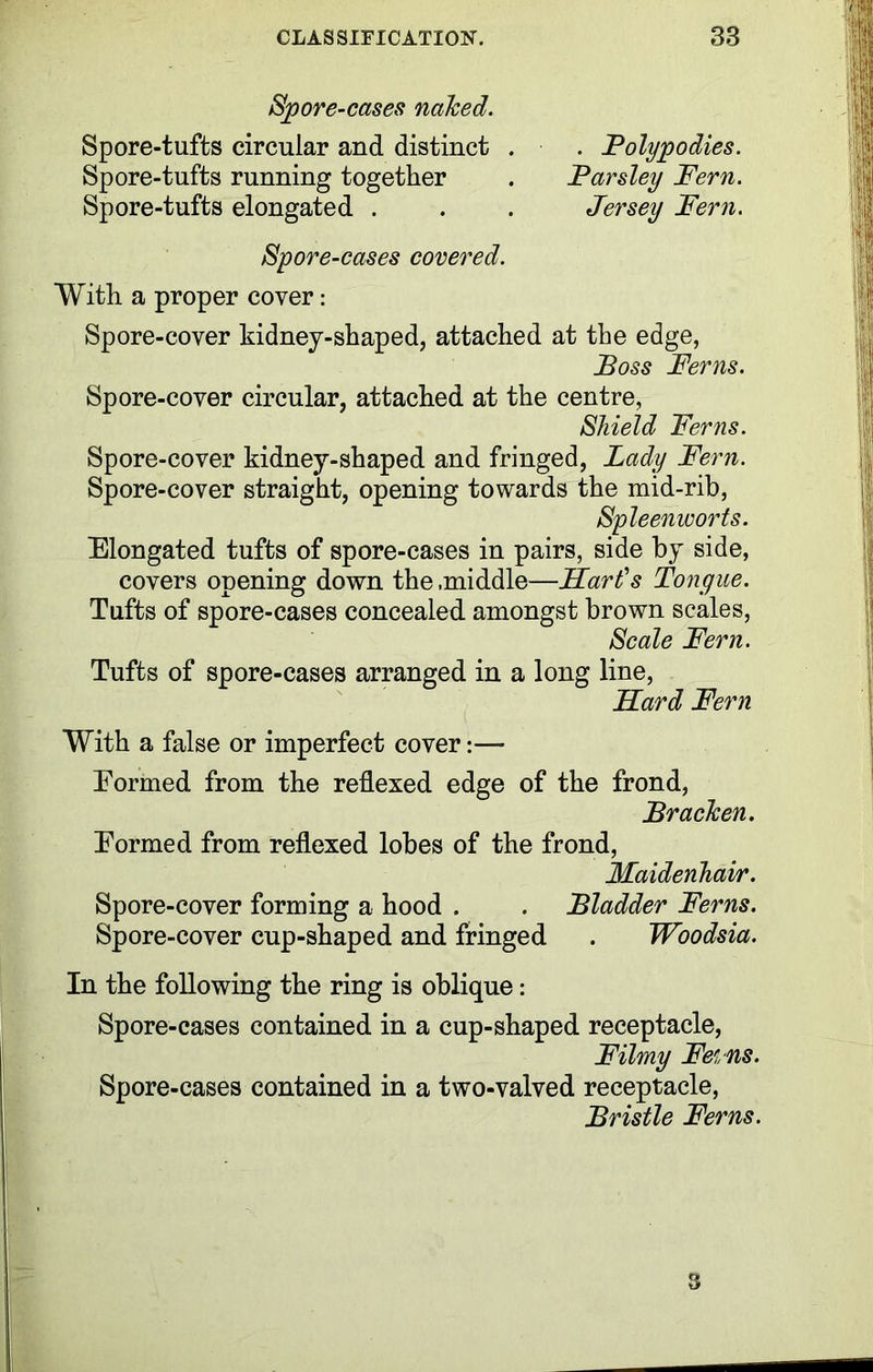 Spore-cases naked. Spore-tufts circular and distinct . . Polypodies. Spore-tufts running together . Parsley Fern. Spore-tufts elongated . . . Jersey Fern. Spore-cases covered. With a proper cover: Spore-cover kidney-shaped, attached at the edge, Poss Ferns. Spore-cover circular, attached at the centre. Shield Ferns. Spore-cover kidney-shaped and fringed, Lady Fern. Spore-cover straight, opening towards the mid-rib, Spleenworts. Elongated tufts of spore-cases in pairs, side by side, covers opening down the .middle—Hart's Tongue. Tufts of spore-cases concealed amongst brown scales, Scale Fern. Tufts of spore-cases arranged in a long line, Hard Fern With a false or imperfect cover:— Formed from the reflexed edge of the frond, Bracken. Formed from reflexed lobes of the frond, Maidenhair. Spore-cover forming a hood . . Bladder Ferns. Spore-cover cup-shaped and fringed . Woodsia. In the following the ring is oblique: Spore-cases contained in a cup-shaped receptacle, Filmy Fei ns. Spore-cases contained in a two-valved receptacle, Bristle Ferns. s