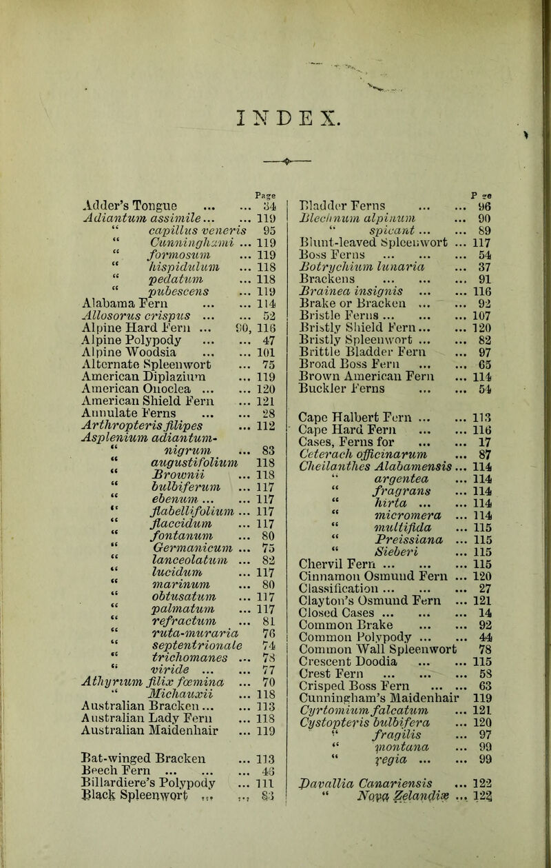 INDEX. Pa?e Adder’s Tongue 84 Adiantum assimile 119 capillus veneris 95 Cunninghumi ... 119 “ formosum ... 119 “ hispidulum ... 118 pedatum ... 118 pubescens ... 119 AlabamaFern 114 Allosorus crispus 52 Alpine Hard Pern ... 90, 116 Alpine Polypody 47 Alpine Woodsia 101 Alternate Spleenwort ... 75 American Diplazium ...119 American Onoclea 120 American Shield Fern ... 121 Annulate Ferns 28 Arthropteris filipes ... 112 Asplenium adiantum- “ nigrum ... 83 augusti folium 118 “ Brownii ... 118 “ bulbiferum ... 117 t: ebenum 117 “ flabellifolium ... 117 :: Jlaccidum ... 117 “ fontanum ... 80 ‘ Germanicum ... 75 “ lanceolatum ... 82 “ lucidum ... 117 “ marinum ... 80 “ obtusatum ... 117 ‘ palmatum ... 117 ‘ refraction ... 81 ' ruta-muraria 76 septentrionale 7 4 trichomanes ... 78 viride 77 Atliyrium filix fcemina ... 70 Michauxii ... 118 Australian Bracken 113 Australian Lady Fern ...118 Australian Maidenhair ... 119 Bat-winged Bracken Beech Fern Billardiere’s Polypody ... 113 ... 43 ... Ill P ire Bladder Ferns 96 Blechnum alpinum ... 90 “ sp leant 89 Blunt-leaved Spleenwort ... 117 Boss Ferns 54 Botrychium lunaria ... 37 Brackens 91 Brainea insignis 116 Brake or Bracken 92 Bristle Ferns 107 Bristly Shield Fern 120 Bristly Spleenwort 82 Brittle Bladder Fern ... 97 Broad Boss Fern 65 Brown American Fern ... 114 Buckler Ferns 54 Cape Halbert Fern 113 Cape Hard Fern 116 Cases, Ferns for 17 Ceterach officinarum ... 87 Cheilanthes Alabamensis... 114 argentea ... 114 “ fragrans ... 114 “ hirta 114 “ micromera ... 114 “ multifida ... 115 Preissiana ... 115 “ Sieberi ... 115 Chervil Fern 115 Cinnamon Osmund Fern ... 120 Classification 27 Clayton’s Osmund Fern ... 121 Closed Cases 14 Common Brake 92 Common Polypody 44 Common Wall Spleenwort 78 Crescent Doodia 115 Crest Fern 5S Crisped Boss Fern 63 Cunningham’s Maidenhair 119 Cyrtomium falcatum ... 121 Cystopteris bulbifera ... 120 “ fragilis ... 97 “ fnontana ... 99 “ regia 99 Davallia Canariensis ... 122