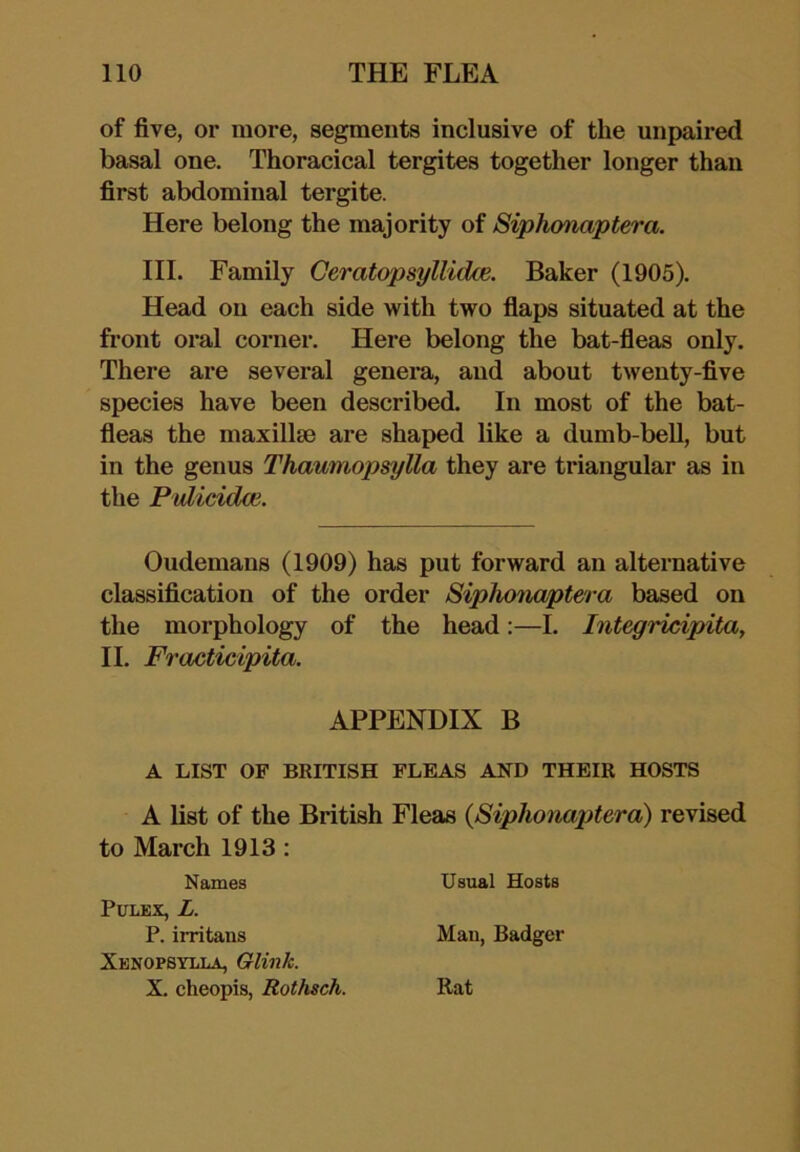 of five, or more, segments inclusive of the unpaired basal one. Thoracical tergites together longer than first abdominal tergite. Here belong the majority of Siphonaptera. III. Family CeratopsyllicUe. Baker (1905). Head on each side with two fiaps situated at the front oral corner. Here belong the bat-fieas only. There are several genera, and about twenty-five species have been described. In most of the bat- fleas the maxillae are shaped like a dumb-bell, but in the genus Thaumopsylla they are triangular as in the Pvliddai. Oudemans (1909) has put forward an alternative classification of the order Siphonaptera based on the morphology of the head:—I. Integricipita, II. Fra^ticipita. APPENDIX B A LIST OF BRITISH FLEAS AND THEIR HOSTS A list of the British Fleas (Siphonaptera) revised to March 1913: Names Usual Hosts PULEX, L. P. irritans Man, Badger Xenopsylla, Glink. X. cheopis, Rothsch. Rat