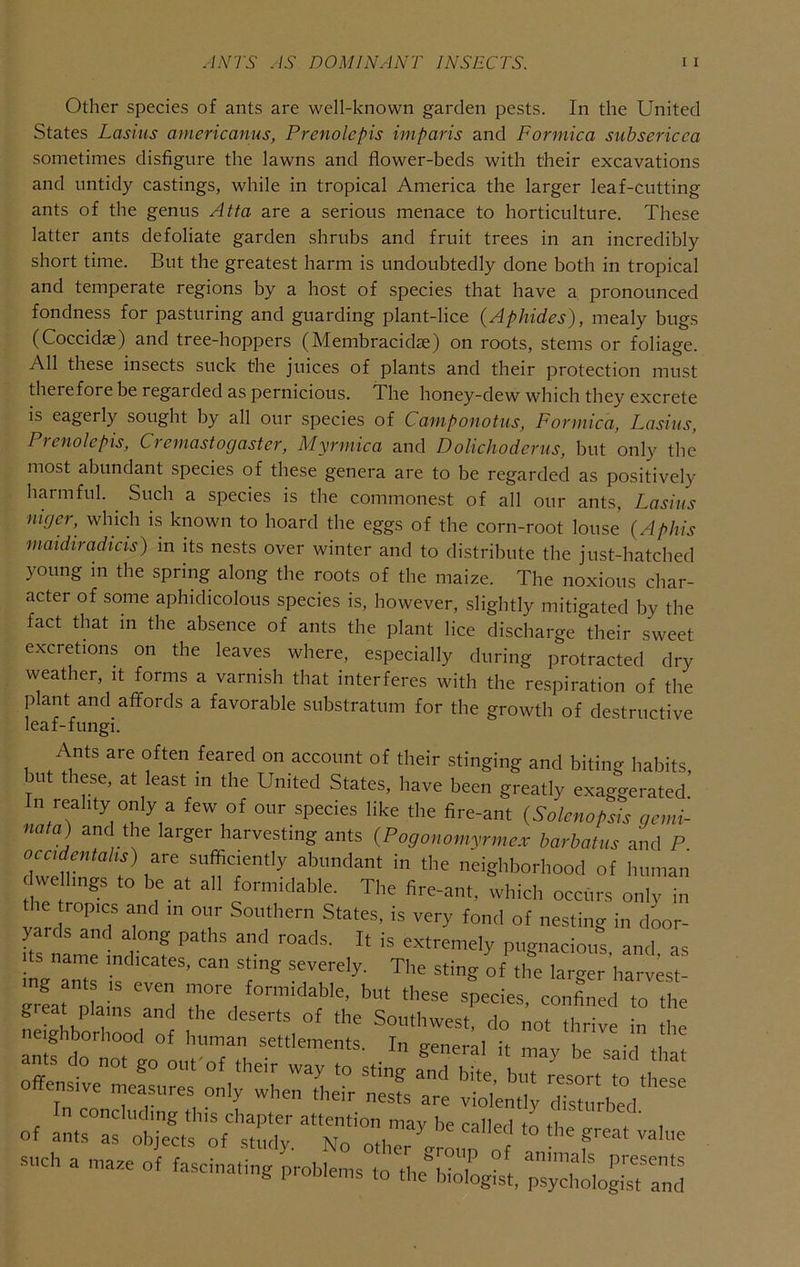 Other species of ants are well-known gai'den pests. In the United States Lasiiis americanus, Prenolepis imparis and Formica subsericca sometimes disfigure the lawns and flower-beds with their excavations and untidy castings, while in tropical America the larger leaf-cutting ants of the genus Atta are a serious menace to horticulture. These latter ants defoliate garden shrubs and fruit trees in an incredibly short time. But the greatest harm is undoubtedly done both in tropical and temperate regions by a host of species that have a pronounced fondness for pasturing and guarding plant-lice {Aphides), mealy bugs (Coccidae) and tree-hoppers (Membracidae) on roots, stems or foliage. All these insects suck the juices of plants and their protection must therefore be regarded as pernicious. The honey-dew which they excrete is eagerly sought by all our species of Camponotus, Formica, Lasius, Frenolepis, Cremastocjaster, Myrmica and Dolichoderus, but only the most abundant species of these genera are to be regarded as positively harmful. Such a species is the commonest of all our ants, Lasius nujer, which is known to hoard the eggs of the corn-root louse {Aphis maidiradicis) in its nests over winter and to distribute the just-hatched young in the spring along the roots of the maize. The noxious char- acter of some aphidicolous species is, however, slightly mitigated by the fact that in the absence of ants the plant lice discharge their sweet excretions on the leaves where, especially during protracted dry weather, it forms a varnish that interferes with the respiration of the plant and affords a favorable substratum for the growth of destructive leaf-fungi. Ants are often feared on account of their stinging and biting habits but these, at least in the United States, have been greatly exaggerated.’ In reality only a few of our species like the fire-ant {Solenopsis gemi- nata) and the larger harvesting ants {Fogonomyrmes barbatus and F. occidentahs) are sufficiently abundant in the neighborhood of human dweflings to be at all formidable. The fire-ant, which occurs only in ropics and in our Southern States, is very fond of nesting in cloor- yards and along paths and roads. It is extremely pugnacious and as Its name indicates, can sting severely. The sting of the larger’harvest mg ants is even more formidable, but these species, confined to the neShbonir Tf 1 Southwest, do not thrive in the antf -rute  °^Tnco ests are violently dTsturbeV ' .. “ “■ r -ch a „,aae of fascinating pnobients to tbe^,io.lgist. “.ogiT:::^