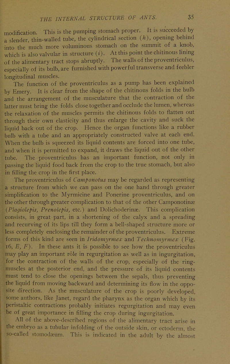 modification. This is the pumping stomach proper. It is succeeded by a slender, thin-walled tube, the cylindrical section (h), opening behind into the much more voluminous stomach on the summit of a knob, which is also valvular in structure (i). At this point the chitinous lining of the alimentary tract stops abruptly. The walls of the proventriculus, especially of its bulb, are furnished with powerful transverse and feebler longitudinal muscles. The function of the proventriculus as a pump has been explained by Emery. It is clear from the shape of the chitinous folds in the bulb and the arrangement of the musculature that the contraction of the latter must bring the folds close together and occlude the lumen, whereas the relaxation of the muscles permits the chitinous folds to flatten out through their own elasticity and thus enlarge the cavity and suck the liquid back out of the crop. Hence the organ functions like a rubber bulb with a tube and an appropriately constructed valve at each end. When the bulb is squeezed its liquid contents are forced into one tube, and when it is permitted to expand, it draws the liquid out of the other tube. The proventriculus has an important function, not only in passing the liquid food back from the crop to the true stomach, but also in filling the crop in the first place. The proventriculus of Camponotus may be regarded as representing a structure from which we can pass on the one hand through greater simplification to the Myrmicine and Ponerine proventriculus, and on the other through greater complication to that of the other Camponotinse {Plagiolepis, Prenolepis, etc.) and Dolichoderinse. This complication consists, in great part, in a shortening of the calyx and a spreading and recurving of its lips till they form a bell-shaped structure more or less completely enclosing the remainder of the proventriculus. Extreme forms of this kind are seen in Iridomyrmex and Technomyrmex (Fig. i6, E, F). In these ants it is possible to see how the proventriculus may play an important role in regurgitation as well as in ingurgitation, for the contraction of the walls of the crop, especially of the ring- muscles at the posterior end, and the pressure of its liquid contents must tend to close the openings between the sepals, thus preventing the liquid from moving backward and determining its flow in the oppo- site direction. As the musculature of the crop is poorly developed, some authors, like Janet, regard the pharynx as the organ which by its peristaltic contractions probably initiates regurgitation and may even be of great importance in filling the crop during ingurgitation. All of the above-described regions of the alimentary tract arise in the embryo as a tubular infolding of the outside skin, or ectoderm, the so-called stomodasum. This is indicated in the adult by the almost
