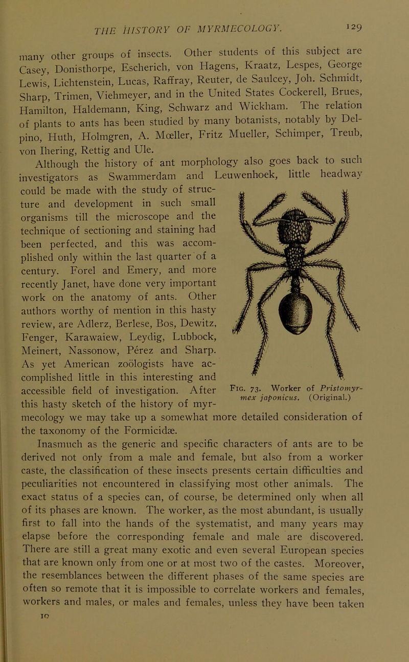 many other groups of insects. Other students of this subject are Casey, Donisthorpe, Escherich, von Hagens, Kraatz, Lespes, George Lewis, Lichtenstein, Lucas, Raffray, Reuter, de Saulcey, Joh. Schmidt, Sharp, Trimen, Viehmeyer, and in the United States Cockerell, Brues, Hamilton, Haldemann, King, Schwarz and Wickham. The relation of plants to ants has been studied by many botanists, notably by Del- pino, Huth, Holmgren, A. Moeller, Fritz Mueller, Schimper, Treub, von Ihering, Rettig and Ule. Although the history of ant morphology also goes back to such investigators as Swammerdam and Leuwenhoek, little headway could be made with the study of struc- ture and development in such small organisms till the microscope and the technique of sectioning and staining had been perfected, and this was accom- plished only within the last quarter of a century. Forel and Emery, and more recently Janet, have done very important work on the anatomy of ants. Other authors worthy of mention in this hasty review, are Adlerz, Berlese, Bos, Dewitz, Fenger, Karawaiew, Leydig, Lubbock, Meinert, Nassonow, Perez and Sharp. As yet American zodlogists have ac- complished little in this interesting and accessible field of investigation. After this hasty sketch of the history of myr- mecology we may take up a somewhat more detailed consideration of the taxonomy of the Formicidae. Inasmuch as the generic and specific characters of ants are to be derived not only from a male and female, but also from a worker caste, the classification of these insects presents certain difficulties and peculiarities not encountered in classifying most other animals. The exact status of a species can, of course, be determined only when all of its phases are known. The worker, as the most abundant, is usually first to fall into the hands of the systematist, and many years may elapse before the corresponding female and male are discovered. There are still a great many exotic and even several European species that are known only from one or at most two of the castes. Moreover, the resemblances between the different phases of the same species are often so remote that it is impossible to correlate workers and females, workers and males, or males and females, unless they have been taken Fig. 73. Worker of Pristomyr- mex japonicus. (Original.) 10