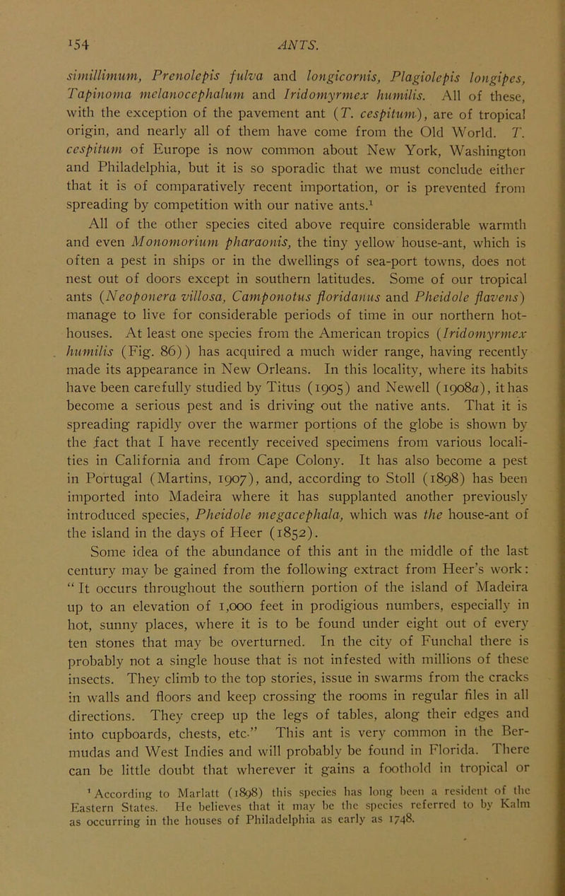 simillimum, Prenolepis fulva and longicornis, Plagiolepis longipes, Tapinoma melanoccphalum and Iridomyrmex humilis. All of these, with the exception of the pavement ant {T. cespitiim), are of tropical origin, and nearly all of them have come from the Old World. T. cespitiim of Europe is now common about New York, Washington and Philadelphia, but it is so sporadic that we must conclude either that it is of comparatively recent importation, or is prevented from spreading by competition with our native ants.^ All of the other species cited above require considerable warmth and even Monomorium pharaonis, the tiny yellow house-ant, which is often a pest in ships or in the dwellings of sea-port towns, does not nest out of doors except in southern latitudes. Some of our tropical ants {Neoponera villosa, Camponotus floridaiius and Pheidole flavens) manage to live for considerable periods of time in our northern hot- houses. At least one species from the American tropics {Iridomyrmex humilis (Fig. 86)) has acquired a much wider range, having recently made its appearance in New Orleans. In this locality, where its habits have been carefully studied by Titus (1905) and Newell (1908a), it has become a serious pest and is driving out the native ants. That it is spreading rapidly over the warmer portions of the globe is shown by the fact that I have recently received specimens from various locali- ties in California and from Cape Colony. It has also become a pest in Portugal (Martins, 1907), and, according to Stoll (1898) has been imported into Madeira where it has supplanted another previously introduced species, Pheidole megacephala, which was the house-ant of the island in the days of Heer (1852). Some idea of the abundance of this ant in the middle of the last century may be gained from the following extract from Heer’s work; “ It occurs throughout the southern portion of the island of Madeira up to an elevation of 1,000 feet in prodigious numbers, especially in hot, sunny places, where it is to be found under eight out of every ten stones that may be overturned. In the city of Funchal there is probably not a single house that is not infested with millions of these insects. They climb to the top stories, issue in swarms from the cracks in walls and floors and keep crossing the rooms in regular files in all directions. They creep up the legs of tables, along their edges and into cupboards, chests, etc-” This ant is very common in the Ber- mudas and West Indies and will probably be found in Florida. There can be little doubt that wherever it gains a foothold in tropical or ’According to Marlatt (1898) tliis specie.s has long been a resident of tlie Eastern States. Ele believes that it may be the species referred to by Kalm as occurring in the bouses of Philadelphia as early as 1748.