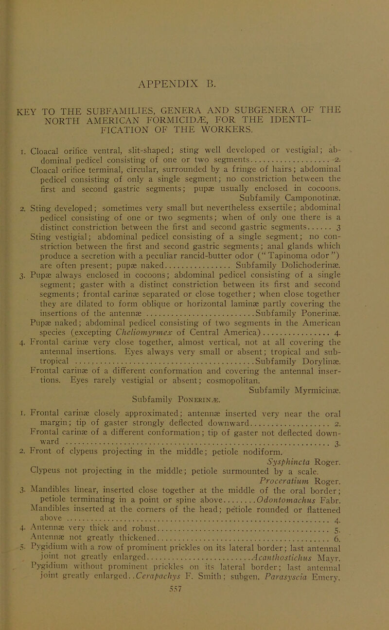 KEY TO THE SUBFAMILIES, GENERA AND SUBGENERA OF TFIE NORTH AMERICAN FORMICID^, FOR THE IDENTI- FICATION OF THE WORKERS. 1. Cloacal orifice ventral, slit-shaped; sting well developed or vestigial; ab- dominal pedicel consisting of one or two segments 2. Cloacal orifice terminal, circular, surrounded by a fringe of hairs; abdominal pedicel consisting of only a single segment; no constriction between the first and second gastric segments; pupae usually enclosed in cocoons. Subfamily Camponotins. 2. Sting developed; sometimes very small but nevertheless exsertile; abdominal pedicel consisting of one or two segments; when of only one there is a distinct constriction between the first and second gastric segments 3 Sting vestigial; abdominal pedicel consisting of a single segment; no con- striction between the first and second gastric segments; anal glands which produce a secretion with a peculiar rancid-butter odor (“Tapinoma odor”) are often present; pupae naked Subfamily Dolichoderinae. 3. Pupae always enclosed in cocoons; abdominal pedicel consisting of a single segment; gaster with a distinct constriction between its first and second segments; frontal carinae separated or close together; when close together they are dilated to form oblique or horizontal laminae partly covering the insertions of the antennae Subfamily Ponerinae. Pupae naked; abdominal pedicel consisting of two segments in the American species (excepting Cheliomyrmex of Central America) 4. 4. Frontal carinae very close together, almost vertical, not at all covering the antennal insertions. Eyes always very small or absent; tropical and sub- tropical ...., Subfamily Dorylinae. Frontal carinae of a different conformation and covering the antennal inser- tions. Eyes rarely vestigial or absent; cosmopolitan. Subfamily Myrmicinae. Subfamily Ponerinae. 1. Frontal carinae closely approximated; antennae inserted very near the oral margin; tip of gaster strongly deflected downward 2. Frontal carinae of a different conformation; tip of gaster not deflected down- ward 3. 2. Front of clypeus projecting in the middle; petiole nodiform. Sysphincta Roger. Clypeus not projecting in the middle; petiole surmounted by a scale. Proceratimn Roger. 3. Mandibles linear, inserted close together at the middle of the oral border; petiole terminating in a point or spine above Odontomachns Fabr. Mandibles inserted at the corners of the head; pe'tiole rounded or flattened above ^ 4- Antennae very thick and robust 5, Antennae not greatly thickened 6. 5. Pygidium with a row of prominent prickles on its lateral border; last antennal joint not greatly enlarged Acanthosticlius Mayr. Pygidium without prominent prickles on its lateral border; last antennal joint greatly enlarged. .Ccra/)ac/(yi' F. Smith; subgcn. Parasyscia Emery.