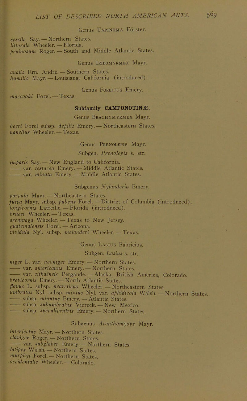 Genus Tapinoma Forster. sessile Say. — Northern States. littorale Wheeler. — Florida. l>ntinosum Roger. — South and Middle Atlantic States. Genus Iridomyrmex Mayr. analis Ern. Andre. — Southern States. Iiumilis Mayr. — Louisiana, California (introduced). Genus Forelius Emery. maccooki Eorel. — Texas. Subfamily CAMPONOTIN.$. Genus Brachymyrmex Mayr. heeri Forel subsp. depilis Emery. — Northeastern States. nanellus Wheeler. — Texas. Genus Prenolepis Mayr. Subgen. Prenolepis s. str. imparis Say. — New England to California. var. testacea Emery. — Middle Atlantic States. var. niinuta Emery. — Middle Atlantic States. Subgenus Nylanderia Emery. parviila Mayr. — Northeastern States. fulva Mayr. subsp. pubens Eorel. — District of Columbia (introduced). longicornis Latreille. — Florida (introduced). bruesi Wheeler. — Texas. arenivaga Wheeler. — Texas to New Jersey. guatemalensis Forel. — Arizona. vividula Nyl. subsp. melandcri Wheeler. — Texas. Genus Lasius Fabricius. Subgen. Lasius s. str. niger L. var. neoniger Emery. — Northern States. var. americanus Emery. — Northern States. var. sitkaensis Pergande. — Alaska, British America, Colorado. brevicornis Emery. — North Atlantic States. flavus L. subsp. nearcticus Wheeler. — Northeastern States. umbratus Nyl. subsp. mixtus Nyl. var. aphidicola Walsh. — Northern States. subsp. minutus Emery. — Atlantic States. subsp. subumbratus Viereck. — New Mexico. subsp. speculiventris Emery. — Northern States. Subgenus Acanthomyops Mayr. interjectus Mayr. — Northern States. claviger Roger. — Northern States. —- var. subglaber Emery. — Northern States. latipes Walsh. — Northern States. murphyi Forel. — Northern States. occidentalis Wheeler. — Colorado.