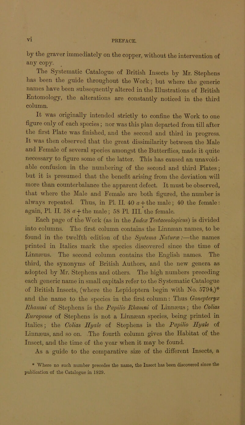 by the graver immediately on the copper, without the intervention of any copy. ^ The Systematic Catalogue of British Insects by Mr. Stephens has been the guide throughout the Work; but where the generic names have been subsequently altered in the Illustrations of British Entomology, the alterations are constantly noticed in the third column. It was originally intended strictly to confine the Work to one figure only of each species; nor was this plan departed from till after the first Plate was finished, and the second and third in progress. It was then observed that the great dissimilarity between the Male and Female of several species amongst the Butterfiies, made it quite necessary to figure some of the latter. This has caused an unavoid- able confusion in the numbering of the second and third Plates; but it is presumed that the benefit arising from the deviation will more than counterbalance the apparent defect. It must be observed, that where the Male and Female are both figured, the number is always repeated. Thus, in PI. II. 40 a -t- the male; 40 the female; again, PL II. 58 a -f the male; 58 PL III. the female. Each page of the Work (as in the Index Testaceologicm) is divided into columns. The first column contains the Linnsean names, to be found in the twelfth edition of the Systema Natures:—the names printed in Italics mark the species discovered since the time of Linnseus. The second column contains the English names. The third, the synonyms of British Authors, and the new genera as adopted by Mr. Stephens and others. The high numbers preceding each generic name in small capitals refer to the Systematic Catalogue of British Insects, (where the Lepidoptera begin with No. 5794,)* and the name to the species in the first column: Thus Gonepteryx Rhamni of Stephens is the Papilio Rhamni of Linnfeus; the Colias Europome of Stephens is not a Linnsean species, being printed in Italics; the Colias Hyale of Stephens is the Papilio Hyale of Linnseus, and so on. The fourth column gives the Habitat of the Insect, and the time of the year when it may be found. As a guide to the comparative size of the different Insects, a * Where no such number precedes the name, the Insect has been discovered since the publication of the Catalogue in 1829.