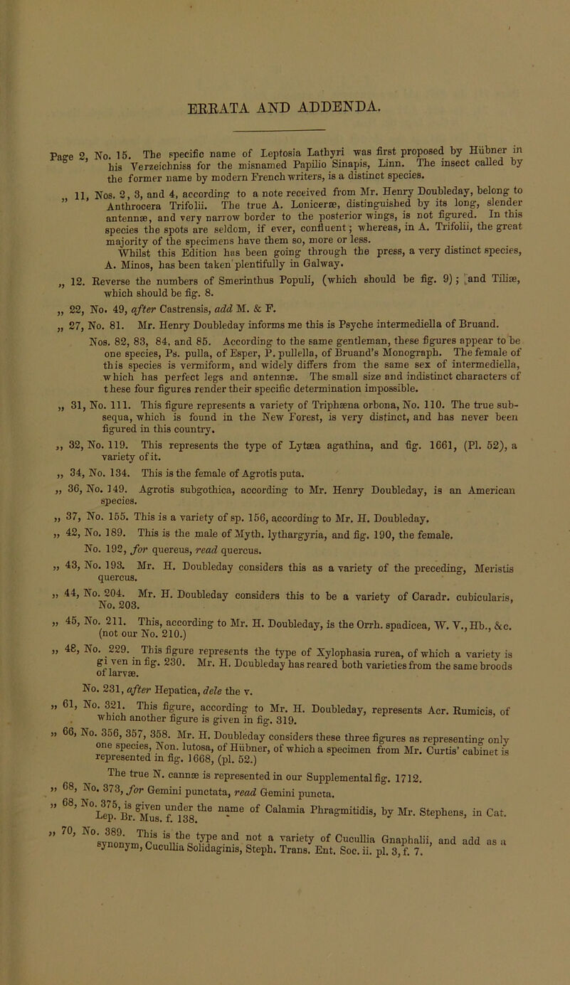 EEEATA AND ADDENDA. Pa'e 2 No. 15. The ppedfc name of leptosia Lathyri was first proposed by Hiibner in ° * hia Verzeichniss for the misnamed Papilio Sinapis, Linn, ^ The insect called by the former name hy modern French writers, is a distinct species. 11 Nos. 2, 3, and 4, according to a note received fi’om Mr. Henry Douhleday, belong to ” ’ Anthrocera Trifolii. The true A. Lonicerse, ^stinguished hy its long, slender antennae, and very narrow border to the posterior wings, is not fibred. In this species the spots are seldom, if ever, confluent; whereas, in A. Trifolii, the gi'eat majority of the specimens have them so, more or less. Whilst this Edition has been going through the press, a very distinct species, A. Minos, has been taken'plentifully in Galway. „ 12. Reverse the numbers of Smerinthus Populi, (which should he fig. 9); j^and Tihse, which should be fig. 8. „ 22, No. 49, qfter Castrensis, add M. & F. „ 27, No. 81. Mr. Henry Douhleday informs me this is Psyche intermediella of Bruand. Nos. 82, 83, 84, and 85. According to the same gentleman, these figures appear to he one species, Ps. pulla, of Esper, P. pullella, of Bruand’s Monograph. The female of this species is venniform, and widely difl^ers from the same sex of intermediella, which has perfect legs and antennae. The small size and indistinct characters of these four figures render their specific determination impossible. ,, 31, No. 111. This figure represents a variety of Triphaena orhona, No. 110. The true sub- sequa, which is found in the New Forest, is very distinct, and has never been figured in this counti'y. ,, 32, No. 119. This represents the type of Lytsea agathina, and fig. 1661, (PI. 52), a variety of it. „ 34, No. 134. This is the female of Agrotis puta. „ 36, No. 149. Agrotis suhgothica, according to Mr. Henry Douhleday, is an American species. ,, 37, No. 165. This is a variety of sp. 156, according to Mr. H. Douhleday. ,, 42, No. 189. This is the male of Myth, lythargyria, and fig. 190, the female. No. 192, for quereus, read quercus. ,, 43, No. 193. Mr. H. Douhleday considers this as a variety of the preceding, Meristis quercus. ,, 44, No. 204. Mr. H. Doubleday considers this to be a variety of Caradr. cubicularis. No. 203. „ 45, No. 211. This, according to Mr. H. Douhleday, is the Orrh. spadicea, W. V.,Hb., &c (not our No. 210.) „ 48, No. 229. This figure represents the type of Xylophasia rurea, of which a variety is gi ven m fig. 230. Mr. H. Doubleday has reared both varieties fi’om the same broods 01 larvae. j) No. 231, aftei' Hepatica, dele the v. 61, No. 321. This figure, according to Mr. H. Douhleday, represents Acr. Rumicis, of ■WDicn another figure is given in fig. 319. 66, No. 356, 357, 358. Mr. H. Doubleday considers these three figures as representing- onlv one species. Non. lutosa, of Hiibner, of which a specimen from Mr. Curtis’ cabinet is represented in fig. 1668, (pi. 52.) The true N. cannse is represented in oui- Supplemental fig. 1712. 68, No. 373, for Gemini punctata, read Gemini puncta. ^^Lei^Bn^Mus TlS^^^ Calamia Phragmitidis, by Mr. Stephens, in Cat. 70, is the type and not a variety of Cucullia Gnaphalii, and add as a