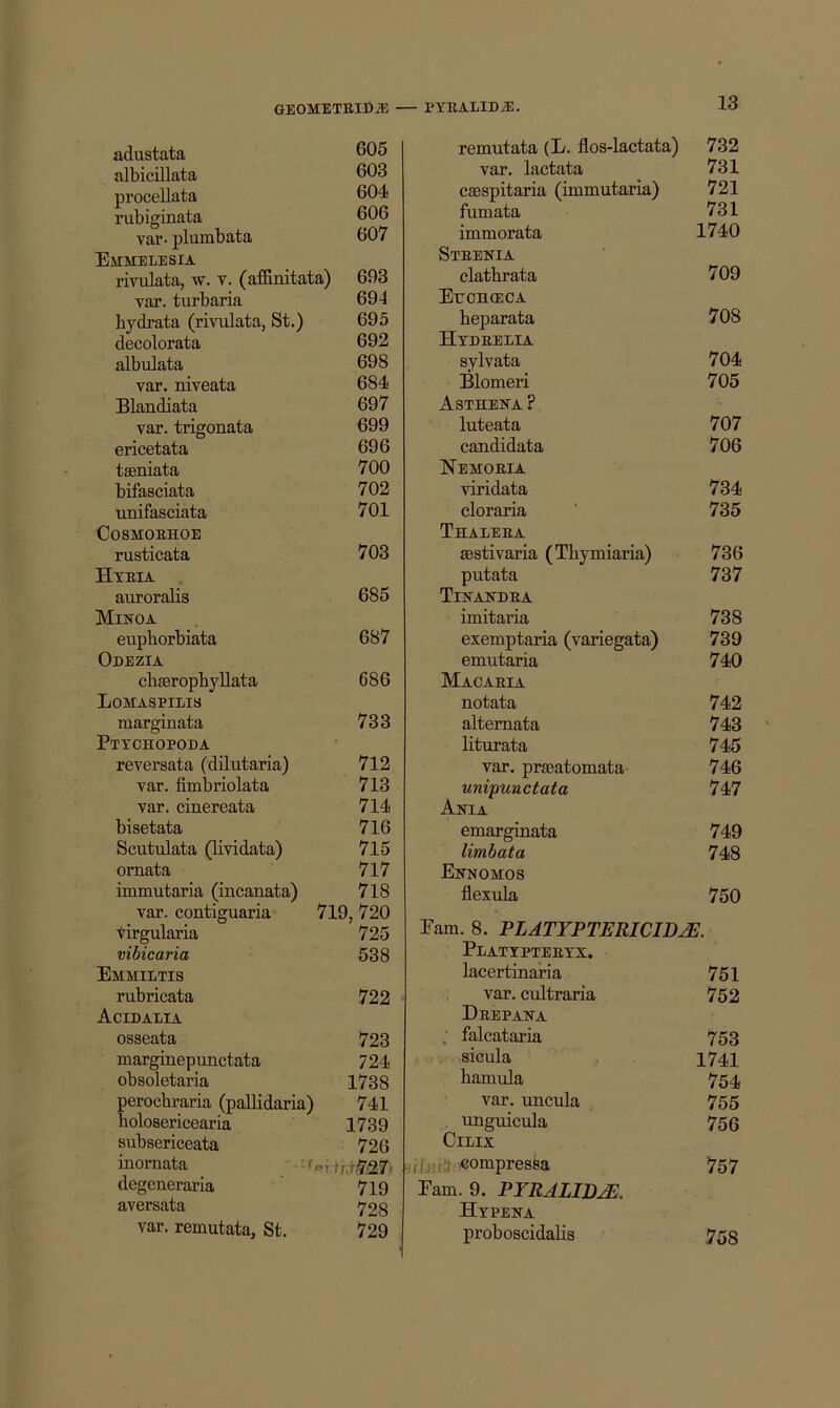 GEOMETB.ID-® — PYRALIDiE. adustata °05 albicillata 603 procellata 604 rubiginata 606 var- plumbata 607 Emmelesia rivulata, w. v. (affinitata) 693 var. turbaria 694 bydrata (rivulata, St.) 695 decolorata 692 albulata 698 var. niveata 684 Blandiata 697 var. trigonata 699 ericetata 696 tseniata 700 bifasciata 702 unifasciata 701 COSMOEHOE rusticata 703 Hyeia auroralis 685 Mikoa euphorbiata 687 Odezia cbaaropbyllata 686 Lomaspieis marginata 733 Ptychopoda reversata (dilutaria) 712 var. fimbriolata 713 var. cinereata 714 bisetata 716 Scutulata (Uvidata) 715 ornata 717 immutaria (incanata) 718 var. contiguaria 719, 720 tirgularia 725 vibicaria 538 Emmietis rubricata 722 Acidaeia osseata 723 margiuepuactata 724 obsoletaria 1738 perochraria (paUidaria) 741 bolosericearia 1739 subsericeata 726 inomata • degeneraria 7ig aversata 728 var. remutata, St. 729 remutata (L. flos-lactata) 732 var. lactata 731 caespitaria (immutaria) 721 fumata 731 immorata 1740 Steenia clathrata 709 ErcncECA beparata 708 Hydeeeia sylvata 704 Blomeri 705 Astheka ? luteata 707 candidata 706 Nemoeia viridata 734 cloraria ' 735 Thaeeea mstivaria (Tbymiaria) 736 putata 737 Tinandea imitaria 738 exemptaria (variegata) 739 emutaria 740 Macaeia notata 742 altemata 743 liturata 745 var. prseatomata 746 unipunctata 747 Ania emargiaata 749 limbata 748 Ennomos flexula 750 Earn. 8. PLATYPTERICIDJE. Peattpteeyx. lacertinaria 751 , var. cultraria 752 Deepaka ; falcataria 753 sicula 1741 bamula 754 var. uncula 755 . unguicula 750 ClEIX compressa 757 Earn. 9. PYRALIDM Hypeka proboscidalia 753