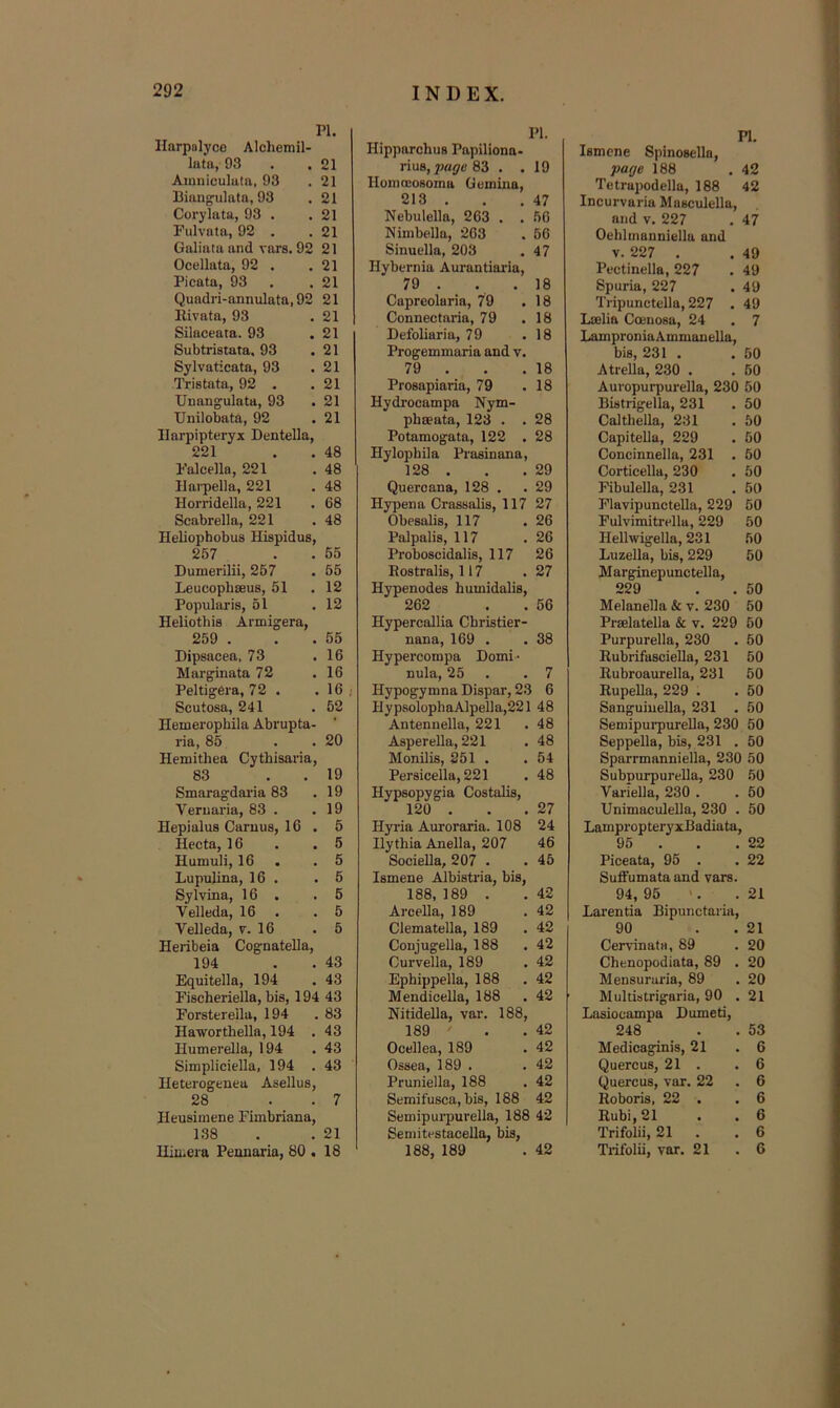 PI. Harpolyce Alcliemil- lata, 93 . . 21 Amuiculuta, 93 .21 Biang’ulata, 93 . 21 Corylata, 93 . .21 Fulvata, 92 . .21 Galiata and rars. 92 21 Ocellata, 92 . .21 Picata, 93 . .21 Quadri-annulata, 92 21 llivata, 93 .21 Silaceata. 93 .21 Subtristata, 93 .21 Sylvaticata, 93 .21 Tristata, 92 . .21 Unangulata, 93 . 21 Unilobata, 92 . 21 Ilarpipteryx Dentella, 221 . . 48 Falcella, 221 .48 Ilarpella, 221 . 48 Horridella, 221 .68 Scabrella, 221 .48 Heliophobus Hispidus, 257 . . 65 Dumerilii, 257 . 65 Leucopbeeus, 51 . 12 Popularis, 51 .12 Heliothis Annigera, 259 . . . 65 Dipsacea, 73 .16 Marginata 72 .16 Peltig6ra, 72 . . 16 Scutosa, 241 .52 Hemerophila Abrupta- ria, 85 . . 20 Hemithea Cythisaria, 83 . . 19 Smaragdaria 83 .19 Veruaria, 83 . .19 Hepialus Caruus, 16. 5 Hecta, 16 . .5 Humuli, 16 . .5 Lupulina, 16 . .6 Sy Ivina, 16 . .5 Velleda, 16 . .5 Velleda, v. 16 .5 Heribeia Cognatella, 194 . . 43 Equitella, 194 .43 Fischeriella, bis, 194 43 Forsterella, 194 .83 Haworthella, 194 . 43 Humerella, 194 .43 Simpliciella, 194 .43 Heterogenea Asellus, 28 . . 7 Ileusirnene Fimbriana, 138 . . 21 IIiu.era Pennaria, 80 . 18 PI. Hipparchus Papiliona- riuB,^«5'e83 . .19 Hoinccosoma Gcmina, 213 . . . 47 Nebulella, 263 . . 66 Nimbella, 263 . 66 Sinuella, 203 . 47 Hybernia Aurantiaria, 79 . . .18 Capreolaria, 79 .18 Connectaria, 79 .18 Defobaria, 79 .18 Progemmaria and v. 79 . . .18 Prosapiaria, 79 .18 Hydrocampa Nym- phseata, 123 . . 28 Potamogata, 122 . 28 Hylopbila Prasinana, 128 . . . 29 Quercana, 128 . .29 Hypena Crassalis, 117 27 Obesalis, 117 .26 Palpalis, 117 .26 Proboseidalis, 117 26 Bostralis, 117 . 27 Hypenodes humidalis, 262 . . 56 Hypercallia Cbristier- nana, 169 . 38 Hypercompa Domi- nula, 25 7 Hypogymna Dispar, 23 6 Hy psolophaAlpella,221 48 Antennella, 221 48 Asperella, 221 48 Monilis, 251 . 64 Persicella,221 48 Hypsopygia Costalis, 120 . 27 Hyria Auroraria. 108 24 Ilythia Anella, 207 46 Sociella, 207 . 45 Ismene Albistria, bis, 188, 189 . 42 ArceUa, 189 42 Clematella, 189 Conjugella, 188 42 42 Gurvella, 189 42 Ephippella, 188 42 MendiceUa, 188 42 Nitidella, var. 188, 189 ' 42 Ocellea, 189 42 Ossea, 189 . 42 Pruniella, 188 42 Semifusca, bis, 188 42 Semipurpurella, 188 42 Seniitestacella, bis, 188, 189 42 Pl. Ismcne Spinosella, page 188 .42 Tetrapodellu, 188 42 Incurvaria Masculella, and V. 227 . 47 Oeblmanniella and V. 227 . . 49 Pectinella, 227 . 49 Spuria, 227 . 49 Tripunctella, 227 . 49 Lcelia Coenosa, 24 . 7 LamproniaAmmanella, bis, 231 . .50 Atrella, 230 . . 60 Auropurpurella, 230 50 Bistrigella, 231 . 50 Calthella, 231 . 50 Capitella, 229 . 50 Concinnella, 231 . 50 Corticella, 230 . 50 Fibulella, 231 . 50 Flavipunctella, 229 60 Fulvimitrella, 229 50 Hellwigella, 231 50 Luzella, bis, 229 50 Marginepunctella, 229 . . 50 Melanella & v. 230 50 Prselatella & v. 229 60 Purpurella, 230 . 60 Rubrifasciella, 231 50 Bubroaurella, 231 50 Bupella, 229 . . 50 Sanguinella, 231 . 60 Semipui’purella, 230 50 Seppella, bis, 231 . 50 Sparrmanniella, 230 50 Subpurpurella, 230 50 Vai’iella, 230 . . 60 Unimaculella, 230 . 50 LampropteryxBadiata, 95 . . . 22 Piceata, 95 . .22 Suffumata and vars. 94, 95 '. .21 Larentia Bipunctaria, 90 . . 21 Cervinafa, 89 . 20 Chenopodiata, 89 . 20 Mensururia, 89 . 20 Multistrigaria, 90 . 21 Lasiocampa Dumeti, 248 . . 53 Medicaginis, 21 .6 Quercus, 21 . .6 Quercus, var. 22 . 6 Koboris, 22 . .6 Rubi,21 . . 6 Trifolii, 21 . .6 Tiifolii, var. 21 .6