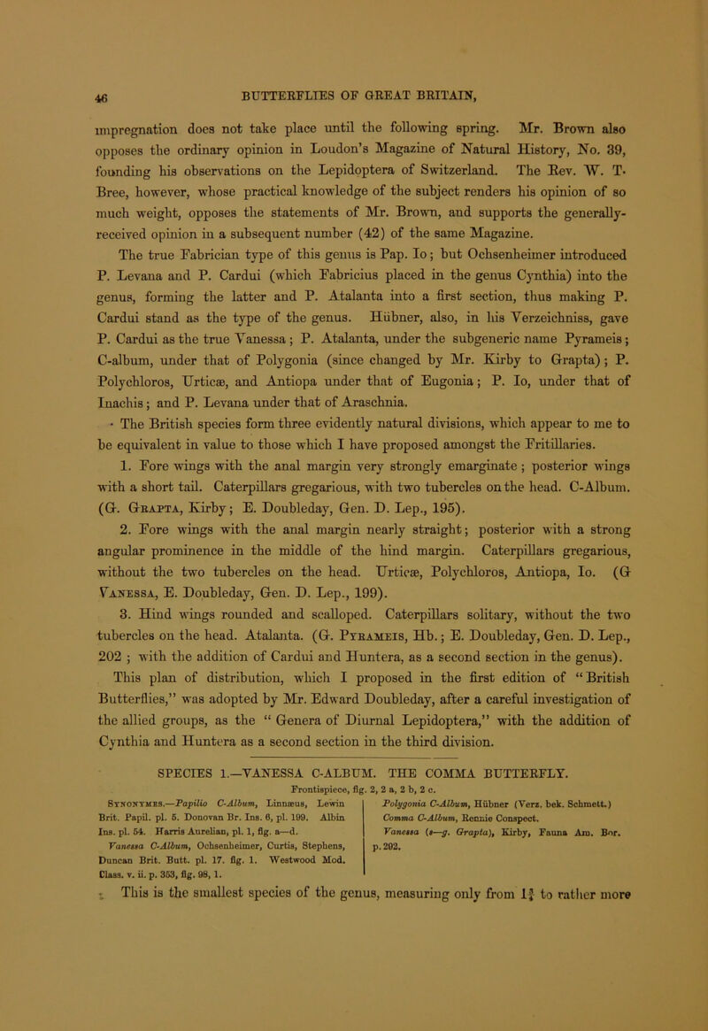 impregnation does not take place until the following spring. Mr. Brown also opposes the ordinary opinion in Loudon’s Magazine of Natural History, No. 39, founding his observations on the Lepidoptera of Switzerland. The Rev. W. T> Bree, however, whose practical knowledge of the subject renders his opinion of so much weight, opposes the statements of Mr. Brown, and supports the generally- received opinion in a subsequent number (42) of the same Magazine. The true Fabrician type of this genus is Pap. Io; but Ochsenheimer introduced P. Levana and P. Cardui (which Fabricius placed in the genus Cynthia) into the genus, forming the latter and P. Atalanta into a first section, thus making P. Cardui stand as the type of the genus. Hiibner, also, in his Yerzeichniss, gave P. Cardui as the true Yanessa ; P. Atalanta, under the subgeneric name Pyrameis; C-album, under that of Polygonia (since changed by Mr. Kirby to Grapta); P. Polychloros, Urticae, and Antiopa under that of Eugonia; P. Io, under that of Inachis; and P. Levana under that of Araschnia. • The British species form three evidently natural divisions, which appear to me to be equivalent in value to those which I have proposed amongst the Fritillaries. 1. Fore wings with the anal margin very strongly emarginate; posterior wings with a short tail. Caterpillars gregarious, with two tubercles on the head. C-Album. (G. Gbapta, Kirby; E. Doubleday, Gen. D. Lep., 195). 2. Fore wings with the anal margin nearly straight; posterior with a strong angular prominence in the middle of the hind margin. Caterpillars gregarious, without the two tubercles on the head. Urticae, Polychloros, Antiopa, Io. (G Vanessa, E. Doubleday, Gen. D. Lep., 199). 3. Hind wings rounded and scalloped. Caterpillars solitary, without the two tubercles on the head. Atalanta. (G. Ptbameis, Hb.; E. Doubleday, Gen. D. Lep., 202 ; with the addition of Cardui and Huntera, as a second section in the genus). This plan of distribution, wrhich I proposed in the first edition of “British Butterflies,” was adopted by Mr. Edward Doubleday, after a careful investigation of the allied groups, as the “ Genera of Diurnal Lepidoptera,” with the addition of Cynthia and Huntera as a second section in the third division. SPECIES 1.—VANESSA C-ALBUM. THE COMMA BUTTERFLY. Frontispiece, fig. 2, 2 a, 2 b, 2 c. Stnontmbs.—Papilio C-Album, Linnaeus, Lewin Brit. Papil. pi. 5. Donovan Br. Ins. 0, pi. 199. Albin Ins. pi. 54. Harris Aurelian, pi. 1, flg. a—d. Vaneaaa C-Album, Ochsenheimer, Curtis, Stephens, Duncan Brit. Butt. pi. 17. flg. 1. Westwood Mod. Class, v. ii. p. 353, flg. 98, 1. Polygonia C-Album, Hiibner (Verz. bek. Schmett.) Comma C-Album, Bennie Conspect. Vaneaaa («—g. Orapta), Kirby, Fauna Aiu. Bor. p.292. * This is the smallest species of the genus, measuring only from 1£ to rather more