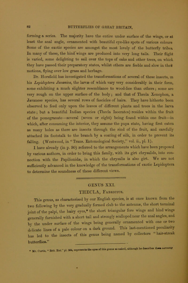 forming a series. The majority have the entire under surface of the wings, or at least the anal angle, ornamented with beautiful eye-like spots of various colours Some of the exotic species are amongst the most lovely of the butterfly tribes In many of these, the hind wings are produced into very long tails. Their flight is varied, some delighting to sail over the tops of oaks and other trees, on which they have passed their preparatory states, whilst others are feeble and slow in theit motions, flying over low grass and herbage. Dr. ITorsfield has investigated the transformations of several of these insects, m his Lepidoptera Javanica, the larvae of which vary very considerably in their form, some exhibiting a much slighter resemblance to wood-lice than others ; some are very rough on the upper surface of the body; and that of Thecla Xenophon, a Javanese species, has several rows of fascicles of hairs. They have hitherto been observed to feed only upon the leaves of different plants and trees in the larva state; but a beautiful Indian species (Thecla Isocrates) resides within the fruit of the pomegranate—several (seven or eight) being found within one fruit—in which, after consuming the interior, they assume the pupa state, having first eaten as many holes as there are insects through the rind of the fruit, and carefully attached its footstalk to the branch by a coating of silk, in order to prevent its falling. (Westwood, in “Trans. Entomological Society,” vol. ii., pi. 1). I have already (in p. 30) referred to the arrangements which have been proposed by various authors, in order to bring this family, with its girt chrysalids, into con- nection with the Papilionid®, in which the chrysalis is also girt. We are not sufficiently advanced in the knowledge of the transformations of exotic Lepidoptera to determine the soundness of these difierent views. GENUS XXI. THECLA, Fabricius. This genus, as characterised by our English species, is at once known from the two following by the very gradually formed club to the antennae, the short terminal joint of the palpi, the hairy eyes* the short triangular fore wings and hind wings generally furnished with a short tail and strongly scalloped near the anal angles, and by the under surface of the wings being generally ornamented with one or two delicate lines of a pale colour on a dark ground. This last-mentioned peculiarity has led to the insects of this genus being named by collectors “ hair-streak butterflies.” Mr. Curtis, •' Brit. Ent. pi. 26-1, represent, the eyes of this genus os naked, although he desoribes thorn correctly