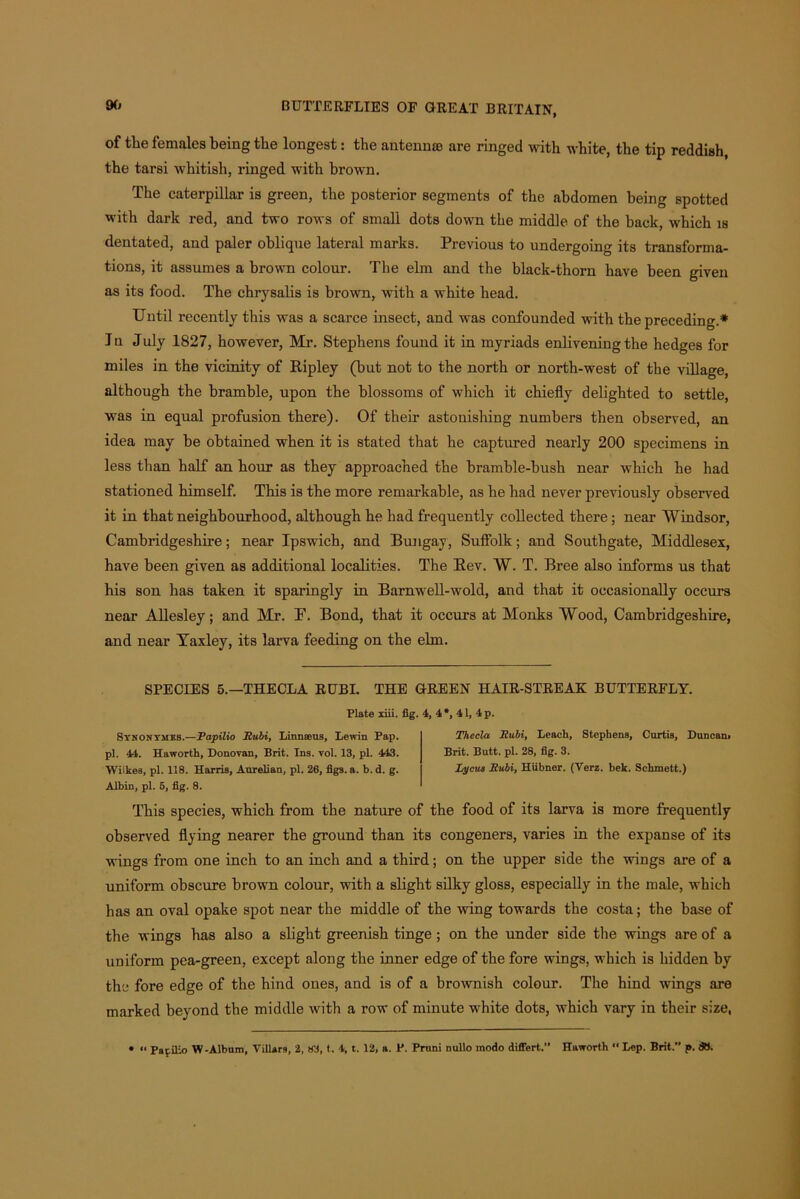 of the females being the longest: the antennae are ringed with white, the tip reddish, the tarsi whitish, ringed with brown. The caterpillar is green, the posterior segments of the abdomen being spotted with dark red, and two rows of small dots down the middle of the back, which is dentated, and paler oblique lateral marks. Previous to undergoing its transforma- tions, it assumes a brown colour. The elm and the black-thorn have been given as its food. The chrysalis is brown, with a white head. Until recently this was a scarce insect, and was confounded with the preceding.* In July 1827, however, Mr. Stephens found it in myriads enlivening the hedges for miles in the vicinity of Ripley (hut not to the north or north-west of the village, although the bramble, upon the blossoms of which it chiefly delighted to settle, was in equal profusion there). Of their astonishing numbers then observed, an idea may be obtained when it is stated that he captured nearly 200 specimens in less than half an hour as they approached the bramble-bush near which he had stationed himself. This is the more remarkable, as he had never previously observed it in that neighbourhood, although he had frequently collected there; near Windsor, Cambridgeshire; near Ipswich, and Bungay, Suffolk; and Southgate, Middlesex, have been given as additional localities. The Rev. W. T. Bree also informs us that his son has taken it sparingly in Barnwell-wold, and that it occasionally occurs near Allesley; and Mr. F. Bond, that it occurs at Monks Wood, Cambridgeshire, and near Yaxley, its larva feeding on the elm. SPECIES 5.—THECLA RUBI. THE GREEN HAIR-STREAK BUTTERFLY. Plate xiii. fig. 4, 4*, 41, 4p. Synontmks.—Papilio liubi, Linnaeus, Lewin Pap. pi. 44. Haworth, Donovan, Brit. Ins. vol. 13, pi. 443. Wiikes, pi. 118. Harris, Aurelian, pi. 26, figs. a. b. d. g. Albin, pi. 5, fig. 8. Thecla Itubi, Leach, Stephens, Curtis, Duncan. Brit. Butt. pi. 28, fig. 3. Lycus Subi, Hiibner. (Verz. bek. Schmett.) This species, which from the nature of the food of its larva is more frequently observed flying nearer the ground than its congeners, varies in the expanse of its wings from one inch to an inch and a third; on the upper side the wings are of a uniform obscure brown colour, with a slight silky gloss, especially in the male, which has an oval opake spot near the middle of the wing towards the costa; the base of the wings has also a slight greenish tinge ; on the under side the wings are of a uniform pea-green, except along the inner edge of the fore wings, which is hidden by the fore edge of the hind ones, and is of a brownish colour. The hind wings are marked beyond the middle with a row of minute white dots, which vary in their size, • “ Papilio W-Album, Villara, 2, 83, t. 4, t. 12, a. P. Pruni nullo modo differt.” Haworth “ Lep. Brit. n. SO.