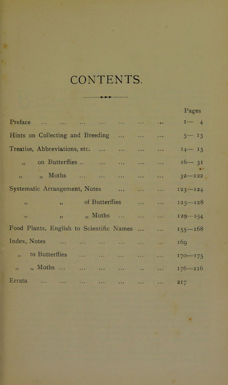 CONTENTS. Preface Hints on Collecting and Breeding Treatise, Abbreviations, etc. „ on Butterflies .. „ ,, Moths Systematic Arrangement, Notes „ „ of Butterflies ,, „ „ Moths Food Plants, English to Scientific Names Index, Notes ,, to Butterflies „ „ Moths ... Pages i— 4 5— 13 H— 15 16— 31 a • 32—122 123—124 125—128 129—1-54 155—168 169 170—175 176—216 Errata 217