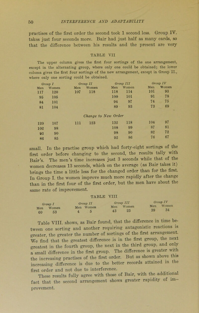 practises of the first order the second took 1 second less. Group IV. takes just four seconds more. Bair had just half as many cards, so that the difference between his results and the present are very TABLE YII The upper column gives the first four sortings of the one arrangement, except in the alternating group, where only one could be obtained; the lower column gives the first four sortings of the new arrangement, except in Group II., where only one sorting could be obtained. Group I Group II Group III Group IV Men Women Men Women Men Women Men Women 117 120 107 118 118 114 101 93 95 105 100 101 91 78 84 101 94 97 74 75 81 104 89 93 73 69 Change to New Order 120 107 111 123 132 118 104 97 102 98 108 99 87 81 93 90 98 90 82 72 86 85 92 86 76 67 small. In the practise group which had forty-eight sortings of the first order before changing to the second, the results tally with Bair’s. The men’s time increases just 3 seconds while that of the women decreases 13 seconds, which on the average (as Bair takes it) brings the time a little less for the changed order than for the first. In Group I. the women improve much more rapidly after the change than in the first four of the first order, but the men have about the same rate of improvement. Group I Men Women 60 53 TABLE Group II Men Women 4 5 VIII Group III Men Women 43 25 Group IV Men Women 39 34 Table VIII. shows, as Bair found, that the difference in time be- tween one sorting and another requiring antagonistic reactions is greater, the greater the number of sortings of the first arrangement. We find that the greatest difference is in the first group, the next greatest in the fourth group, the next in the third group, and only a small difference in the first group. The difference is greater with the increasing practises of the first order. But as shown above this increasing difference is due to the better records attained in the first order and not due to interference. . . . These results fully agree with those of Bair, with the additional fact that the second arrangement shows greater rapidity of im- provement.