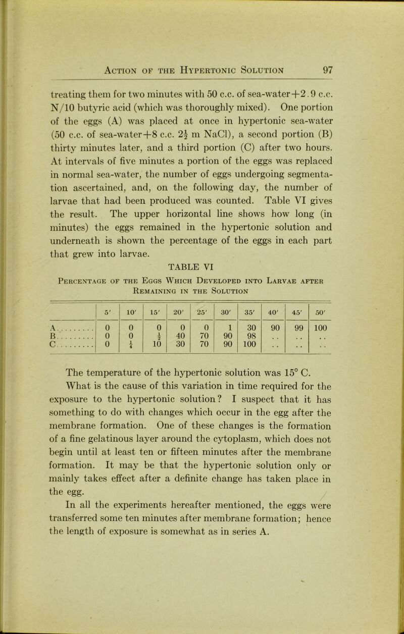 treating them for two miimtes with 50 c.c. of sea-water+2.9 c.c. N/lO butyric acid (which was thoroughly mixed). One portion of the eggs (A) was placed at once in Hypertonie sea-water (50 c.c. of sea-water+8 c.c. m NaCl), a second portion (B) thirty minutes later, and a third portion (C) after two hours. At intervals of five minutes a portion of the eggs was replaced in normal sea-water, the number of eggs undergoing Segmenta- tion ascertained, and, on the following day, the number of larvae that had been produced was counted. Table VI gives the result. The upper horizontal line shows how long (in minutes) the eggs remained in the Hypertonie solution and underneath is shown the percentage of the eggs in each part that grew into larvae. TABLE VI Percentage of the Eggs Which Developed into Larvae after ReMAINING in THE SOLUTION 5' 10' 15' 20' 25' 30' 35' 40' 45' 50' A 0 0 0 0 0 1 30 90 99 100 ß 0 0 1 2 40 70 90 98 C 0 1 4 10 30 70 90 100 The temperature of the Hypertonie solution was 15° C. What is the cause of this Variation in time required for the exposure to the Hypertonie solution? I suspect that it has something to do with changes which occur in the egg after the membrane formation. One of these changes is the formation of a fine gelatinous layer around the cytoplasm, which does not begin until at least ten or fifteen minutes after the membrane formation. It may be that the Hypertonie solution only or mainly takes effect after a definite change has taken place in the egg. y In all the experiments hereafter mentioned, the eggs were transferred some ten minutes after membrane formation; hence the length of exposure is somewhat as in series A.