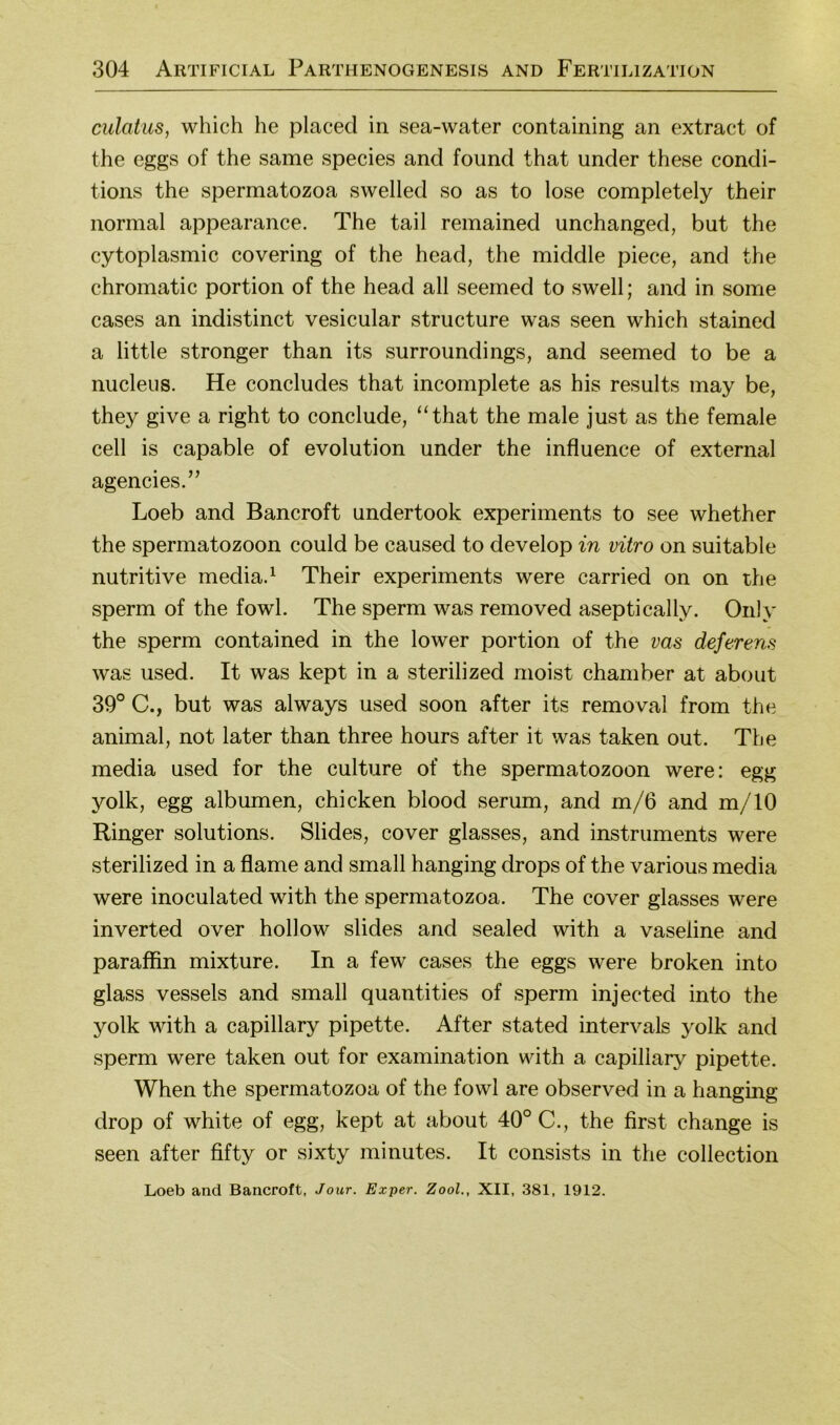 culatiis, which he placed in sea-water containing an extract of the eggs of the same species and found that under these condi- tions the spermatozoa swelled so as to lose completely their normal appearance. The tail remained unchanged, but the cytoplasmic covering of the head, the middle piece, and the chromatic portion of the head all seemed to swell; and in some cases an indistinct vesicular structure was seen which stained a little stronger than its surroundings, and seemed to be a nucleus. He concludes that incomplete as his results may be, they give a right to conclude, “that the male just as the female cell is capable of evolution under the influence of external agencies.” Loeb and Bancroft undertook experiments to see whether the Spermatozoon could be caused to develop in vitro on suitable nutritive mediad Their experiments were carried on on the sperm of the fowl. The sperm was removed aseptically. Only the sperm contained in the lower portion of the vas deferens was used. It was kept in a sterilized moist chamber at about 39° C., but was always used soon after its removal from the animal, not later than three hours after it was taken out. The media used for the culture of the Spermatozoon were: egg yolk, egg albumen, chicken blood serum, and m/6 and m/10 Ringer Solutions. Slides, cover glasses, and instruments were sterilized in a flame and small hanging drops of the various media were inoculated with the spermatozoa. The cover glasses were inverted over hollow slides and sealed with a Vaseline and paraffin mixture. In a few cases the eggs were broken into glass vessels and small quantities of sperm injected into the yolk with a capillary pipette. After stated interA^als yolk and sperm were taken out for examination with a capillary pipette. When the spermatozoa of the fowl are observed in a hanging drop of white of egg, kept at about 40° C., the first change is seen after fifty or sixty minutes. It consists in the collection Loeb and Bancroft, Jour. Exper. Zool., XII, 381, 1912.