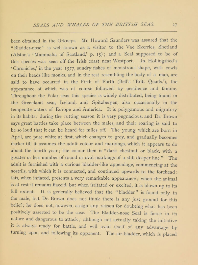 been obtained in the Orkneys. Mr. Howard Saunders was assured that the “ Bladder-nose ” is well-known as a visitor to the Vae Skerries, Shetland (Alstons ‘Mammalia of Scotland/ p. 15); and a Seal supposed to be of this species was seen off the Irish coast near Westport. In Hollingshed’s ‘Chronicles,’ in the year 1577, sundry fishes of monstrous shape, with cowls on their heads like monks, and in the rest resembling the body of a man, are said to have occurred in the Firth of Forth (Bell’s ‘Brit. Quads.’), the appearance of which was of course followed by pestilence and famine. Throughout the Polar seas this species is widely distributed, being found in the Greenland seas, Iceland, and Spitzbergen, also occasionally in the temperate waters of Europe and America. It is polygamous and migratory in its habits: during the rutting season it is very pugnacious, and Dr. Brown says great battles take place between the males, and their roaring is said to be so loud that it can be heard for miles off. The young, which are born in April, are pure white at first, which changes to grey, and gradually becomes darker till it assumes the adult colour and markings, which it appears to do about the fourth year; the colour then is “ dark chestnut or black, with a greater or less number of round or oval markings of a still deeper hue.” The adult is furnished with a curious bladder-like appendage, commencing at the nostrils, with which it is connected, and continued upwards to the forehead : this, when inflated, presents a very remarkable appearance ; when the animal is at rest it remains flaccid, but when irritated or excited, it is blown up to its full extent. It is generally believed that the “bladder” is found only in the male, but Dr. Brown does not think there is any just ground for this belief; he does not, however, assign any reason for doubting what has been positively asserted to be the case. The Bladder-nose Seal is fierce in its nature and dangerous to attack ; although not actually taking the initiative it is always ready for battle, and will avail itself of any advantage by turning upon and following its opponent. The air-bladder, which is placed