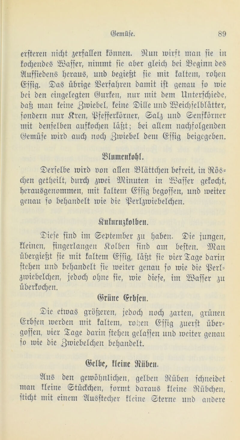 elfteren nid)t verfallen fönnett. üfhut roirft man fie iit fod)eitbe§ 3Baffer, nimmt fie aber gleid) bei beginn be§ 3tuffieben§ I)erau3, unb begiefjt fie mit faltcm, rotjeit (Siffig. Sa3 übrige 33erfahren bamit ift genau fo mie bei ben eingelegten ©urfen, nur mit bem Unterfd)iebe, bag man feine gmiebel, feine Sitte unb SBeidjfelblätter, fonbent nur streit, s$fefferförner, Sal^ unb Senfförner mit benfelben auffod)eit lägt; bei adern nadjfolgenbeit ©emüfe mirb aud) itod) bent ©ffig beigegeben. 23lumcnfof)t. Serfelbe mirb oon adeit 33tättd)en befreit, in d)en getbeilt, burd) ^mei Minuten in Söaffer gefacht, berauSgeitommen, mit faltem (Siffig begoffen, unb meiter genau fo bet)anbett mie bie ^erljmiebeldjen. ^ufiinijfolben. Siefe finb im (September 31t haben. Sie jungen, fleiiten, fingerlangen Kolben finb am beften. sDtan übergiefjt fie mit faltem (gffig, tagt fie oier Sage barin fielen unb beljanbelt fie meiter genau fo mie bie ^3ert= jmiebeldjen, jebocf) otjne fie, mie biefe, im Sßaffer 3U überfodjen. ©riinc ©rbfcit. Sie etma§ größeren, jebodj nod) garten, grünen ©rbfen merben mit faltem, rohen (Siffig guerft über= goffen, oier Sage barin ftel)cn gelaffen unb meiter genau fo mie bie 3tt>iebeldjen behanbelt. ©clbe, ftcine 9liikit. 'lu§ ben gemöl)nlid)en, gelben Diüben fdjneibet man fleine Stücken, formt barau§ fteine 9Rübdjen, ftid)t mit einem SluSftedjer fteine Sterne unb anbere