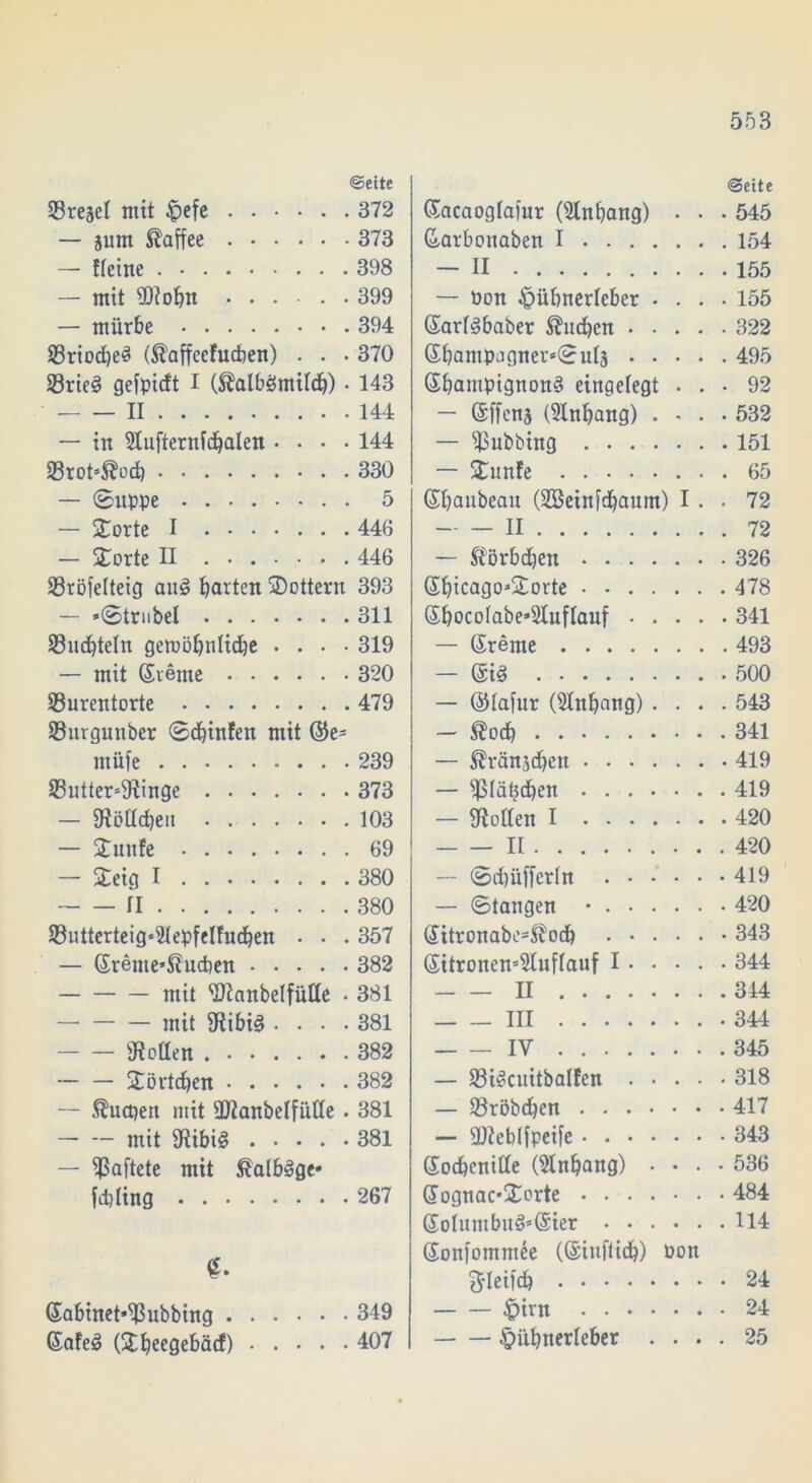 Seite S3reset mit £efe 372 — sum Kaffee 373 — ffeine 398 — mit Siobn 399 — mürbe 394 33riod)e3 (föaffeefucben) . . . 370 Srie3 gefpicft I (föalbämilcb) • 143 II 144 — in 9Iufternfcbalen .... 144 23rot»$ocb 330 — «Suppe . 5 — Störte I 446 — Störte II 446 Sröfelteig au3 barten Stottern 393 — »Strubel 311 Sucbteln gctoöbnlicbe .... 319 — mit ©rente 320 Surentorte 479 Surguuber Sd)in!en mit ®e= ntüfe 239 Sutter»fRinge 373 — fRölIcbeii 103 — Stunfe 69 — Steig I 380 II 380 Sutterteig*21epfelfucben • • . 357 — ©rente*^ucben 382 mit Stanbelfülle • 381 mit fRibi3 .... 381 Rotten 382 St ö rtcben 382 — Suchen mit Sianbclfittte . 381 mit 9iibi§ 381 — Saftete mit £alb3ge* fcbling 267 e. ©abinet*Subbhtg 349 ©afe£ (Stbeegebäcf) 407 Seite ©acaoglafur (SInbang) • • • 545 ©arbonaben I 154 — II 155 — Pon ^mbnerleber .... 155 ©arfgbaber Sueben 322 Sbampjgner»Sulä 495 ©bampignon§ eingelegt ... 92 — ©ffcnj (3lnbang) .... 532 — Subbing 151 — £unfe 65 ©baubeau (Sßeinfcbaum) I . . 72 II 72 — ft'örbebett 326 ©bicago»Storte 478 ©boco(abe*21uflauf 341 — ©reme 493 — ©iS 500 — ©lafur (Slnbang) .... 543 — Äocb 341 — ®ränj<ben 419 — Siä^cben 419 — Sollen I 420 II 420 — Scbüfferfn 419 — Stangen • 420 ©itronabe^toeb 343 ©itronen»5luflauf I 344 II 344 III -344 IY 345 — SiScuitbalfen 318 — Sröbeben 417 — 9)?eblfpeife 343 ©ocbenitle (ülnbang) .... 536 ©ognac*Storte 484 ©oluntbu3»@ier 114 ©onfommee (©iuflieb) Pon ^leifcb 24 £irn 24 §itbnerleber .... 25