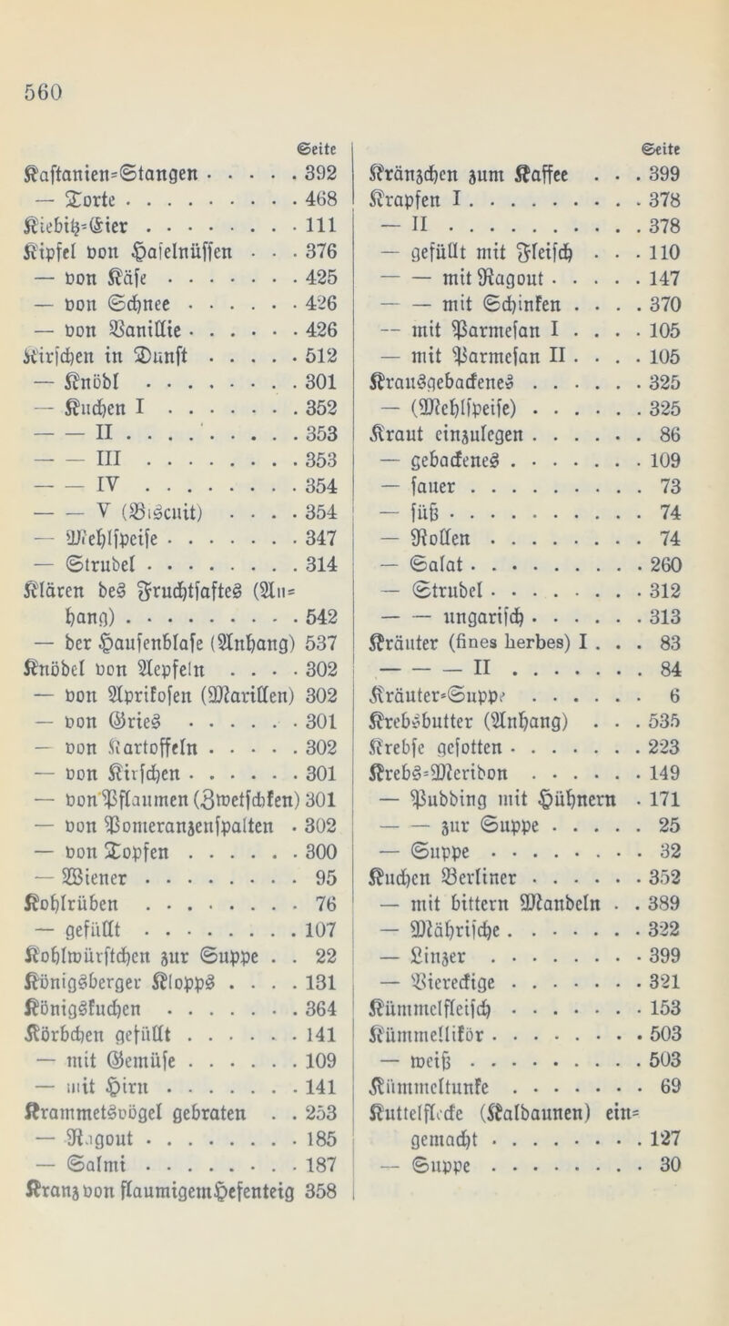 ©eite ^aftanien=©tangen 392 — Sporte 468 ßiebti?-@ter 111 Kipfel Pon ^aielnüffen • • . 376 — Port Käfe 425 — Pott ©d)nee 426 — Pott 53aniüte 426 K'irfcben in 2)unft 512 — Knöbl . 301 — ßucben I 352 II . . . 353 III 353 IV 354 V (©igcuit) .... 354 ütfeblfoeife 347 — ©trubel 314 klären be3 $rud)tfafteg (3Iit= bang) 542 — ber £>aufenblafe (SInbang) 537 Knöbel Pon Stepfein .... 302 — Pott Slprifofen (QLRaritten) 302 — Pon @rie§ 301 — Pon Kartoffeln 302 — pon Kiifdjen 301 — Pon^ßflanmen (3tpetfdifen) 301 — Pon ^omeranaenfpalten • 302 — Pon Stopfen 300 — 2Biener 95 Kohlrüben 76 — gefüllt 107 ßobltPÜrftcben aur ©uppe . . 22 KönigSberger KloppS .... 131 KönigSfucben 364 Körbchen gefüllt 141 — mit ©etnüfe 109 — mit £irtt 141 ßrammetSoögel gebraten . . 253 — fR.igout 185 — ©almi . 187 KranaPon flaumigem£>efenteig 358 ©eite Kränadjen aunt Kaffee . • . 399 Krapfen I 378 — II 378 — gefüllt mit Sfleifcb • • - 110 — — mit fHagout 147 — — mit ©dbinfen .... 370 — mit $armefan I . . . . 105 — mit ijiarmefan II ... . 105 KrauSgebadene* 325 — (ÜJteblfpeife) 325 Girant einaulcgen 86 — gebadeneS 109 — fauer 73 — füfi 74 — Oiollen 74 — ©alat 260 — ©trubel 312 nngarifcb 313 Kräuter (fines herbes) I . . . 83 II 84 Kräuter*©uppe 6 Kreb^bntter (21nbang) . . . 535 Krebfe gcfotten 223 Kreb§=9)2eribon 149 — Tübbing mit Hübnern . 171 aur ©nppe 25 — ©uppe 32 Indien berliner 352 — mit bittern Sttanbeln . . 389 — SDtäbrifcbe 322 — Sinaer 399 — SSierecfige 321 Kummelfleifd) 153 Kümmelliför 503 — tpeifi 503 KiimmeltunFe 69 Kuttelfhde (Kalbaunen) ein= gemad)t 127 -- ©uppe 30