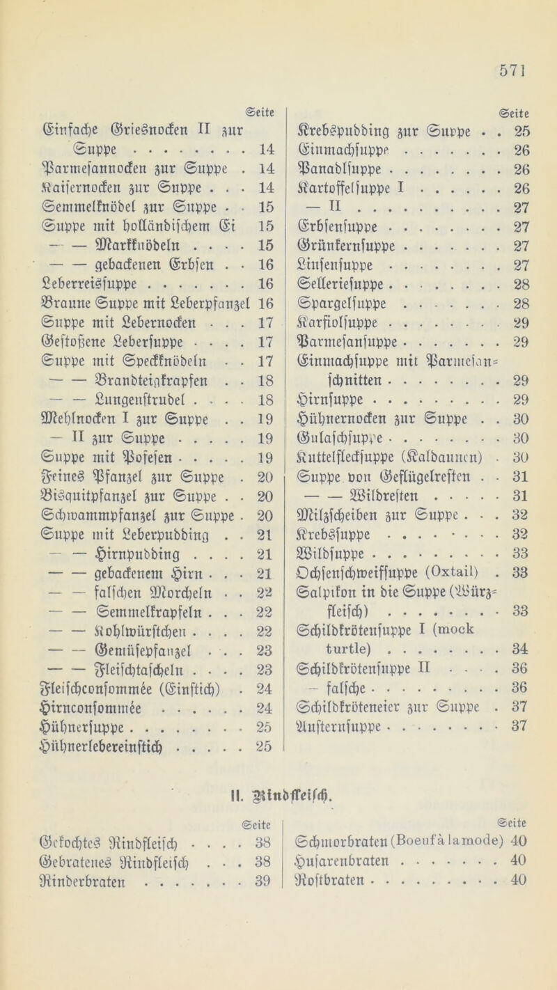 ©eite (Sinfacfye ©rieSnocfen II -uir ©uppe 14 ^armefatmorfen jur ©uppe . 14 JRatfernocfen jur ©uppe ... 14 ©emmel?nöbe( sur ©uppe . 15 ©uppe mit bottänbifdbem (St 15 — — Sftarffitöbeht .... 15 cjebacfenett (Srbfcn . • 16 2eberret<öfuppe 16 SBraune ©uppe mit Seberpfausel 16 ©uppe mit Sebernocf'en ... 17 ©eftofjene fieberfuppe .... 17 ©uppe mit ©pecffnöbeln . . 17 ©ranbtetflfrapfett . . 18 — — ßungeuftrubel .... 18 SReblnocfen I sur ©uppe . . 19 — II pr ©uppe 19 ©uppe mit ^ofefen 19 $eine§ ^Sfanjel jur ©uppe . 20 SiSquitpfanjel jur ©uppe . . 20 ©dbrnammpfaujel jur ©uppe. 20 ©uppe mit 2eberpubbittg . . 21 — £>irnpubbing .... 21 gebacfeuem §iru . . . 21 — — falfdjen UJiorcfyeln • • 22 — — ©emmelfrapfeln ... 22 $Iobln?ürftd)en .... 22 ©emüfepfaujel . . . 23 fjleifcbtafdjeln .... 23 3rleifdjconfommee (©infticb) ■ 24 ^irttconfomtuee 24 $üt)nerfuppe 25 SM'tfynerlebereittftid) 25 ©eite Streb^pubbing gut ©uppe . . 25 (Siumacbfuppe 26 ^Sauablfuppe 26 Kartoffeliuppe I 26 - II 27 (Srbfeufuppe 27 ©rünferufuppe 27 Sinfenfuppe 27 ©ettertefuppe 28 ©pargelfuppe 28 Sfarftolfuppe 29 ißarmefanfuppe 29 (Sinmadjfuppe mit Sßarmclem» fdjnitten 29 £)irnfuppe 29 §ul)uernocfen sur ©uppe . . 30 ©ulafcbfuppe . 30 ftuttelflecffuppe (Salbauitcn) • 30 ©uppe bou ©eflügclreftcn . . 31 SSÜbreften 31 9JitIäfdbeiben gur ©uppe ... 32 $rebs>fuppe .... ■ ... 32 Sßilbfuppe 33 ©d)fenfd)»eiffuppe (Oxtail) . 33 ©alptfon in bie ©uppe fleifd)) 33 ©dbübfrötenfuppe I (mock turtle) 34 ©dbilbfröteufuppe II .... 36 falfcfye 36 ©cfyifbJröteneier jur ©uppe . 37 s2luftcrufuppe 37 II. gUnbfretfd). ©eite ©cfodjteS Sfttnbfleifcb .... 38 ©ebratetteö Diiiibfletfc^ ... 38 9iinberbraten 39 ©eite ©cbmorbraten (Boeufä lamode) 40 £>ufarenbraten 40 ’Jioftbrateu 40