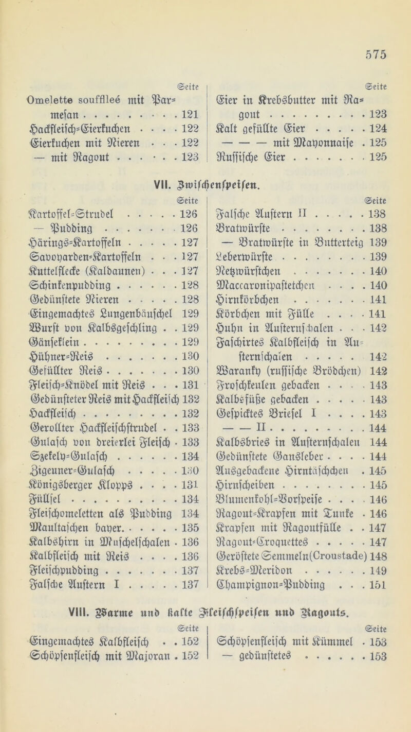 ©eite Omelette souffllee mit $J3ars mefan 121 g?adfleifd)=(gierfud)cn .... 122 (gierfueben mit ÜRieren • • ■ 122 mit fftagout ... • . . 123 ©eite (gier in S?reb3butter mit gout 123 Äalt gefüllte (gier 124 mit 9ttaponnaife . 125 9iuffifd)e (gier 125 VII. ^lüiffßenfpeifcn. ©eite ^artoffel=(3trubel 126 Tübbing 126 g)äring£>=$artoffeln 127 ©aüoparben^artoffeln . . .127 Sfnttelflede (^albaunen) • • .127 ©d)infenpubbing 128 (gebi'mftete Vieren 128 (gingemad)te£> Sungenbänfcbel 129 SBurft öon $alb£>gefd)ling . . 129 (gänfeftein 129 $übner-fReid 130 (gefüllter fRei§ 130 $leifd)=fönöbel mit fReid ... 131 (gebünfteterSReig mitg)ad'flei(d) 132 Öadfleild) 132 (gerollter g)adfleifd)ftrubel . . 133 (gulafd) ooit breierlei f^Ieifd) • 133 ©sefelp=(gulafcb 134 3tgeuner=(gulafd) 130 $önigs>berger ÄloppS .... 131 f^üHfel 134 $leifbbomeletten alg Tübbing 134 9Ranltafd)en baper. 135 Äalböbirn in äRufcfyelf «baten • 136 Äalbfleifcb mit IReid .... 136 ^rleifdjpubbing 137 fgalfdie Lüftern I 137 ©eite 5alfd)e Sluftern II 138 sßratmürfte 138 — löratmürfte in öntterteig 139 Sebertoiirfte 139 9?e£murftd)en 140 9Raccaronipaftet«bcn .... 140 g?irnförb«ben 141 Körbchen mit $ülle .... 141 §ubn in Slufternftialcn . • • 142 ^afebirte» ^albfleifcb in 9lm fternldjalen 142 Sßaranfp (ruffifebe Sröbdjen) 142 $rofd)feulen gebaden .... 143 Äalbefü&e gebaden 143 (gefpidte§ 33riefel I .... 143 II 144 Äalbdbried in Slufternfdjalen 144 (gebi'mftete (ganöleber .... 144 2Iu§gebadene g?irntafcbcben . 145 §irnf«beiben 145 23[umenEobl=s-öorfpeife .... 146 ■Ragout^rapfen mit Srnnfe . 146 Krapfen mit fRagoutfülle . . 147 9iagont''(groquette§ 147 (geröftete ©emmeln(Croustade) 148 $reb3=9Reribon 149 (gbampignon^ubbing ... 151 VIII. parute uttb Hafte ^feifdjfpetfen unt> ^tagouts. ©eite (gingemaebte«? Äalbfleifcb . . 152 ©cböpfenfleifcb mit Kümmel @cf)öpfenflei|d) mit SRajoran . 152 — gebünfteted ©eite . 153 . 153