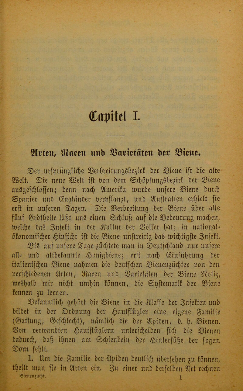 ährten, 9iamt unb Varietäten ber Viene, 2) er urftrünglic^e VerbreitungSbe^trf ber Vtene ift bte alte SBelt. 2)te neue SBelt ift non bem ©c^öpfungSbegirf ber Vtene au§gefd)loffen; bemt na$ Slmertka mürbe unfere Vtene burd) panier unb (Snglänber oerpffangt, unb Sluftralien erhielt fie erft in unferen Sagen. 2)ie Verbreitung ber Vtene über ade fünf ©rbi^eile läßt un§ einen @d)luß auf bte Vebeutung machen, melcße ba§ Snfeft in ber Kultur ber Volker I;at; in national» ofonomifdjer Hinftdjt ift bie Vtene unftreitig ba§ midjtigfte Snfett. Vt§ auf unfere Sage $üd)tete man in 2)eutfd)lanb nur unfere afl= unb altbekannte Honigbiene; erft nad; Gstnfü^rung ber italienifdjen Vtene nahmen bie beutfdjen Vienenjüdjter non ben öerfd;tebenen Slrten, Otacen unb Varietäten ber Viene fXlottg, me§l)alb mir nid;t umßtn können, bie ©tyfiematil ber Viene fennen $u lernen. Vetanntlid) gehört bie Viene in bie klaffe ber Snfekten unb bilbet in ber £)tbmtng ber Hautflügler eine eigene Familie (Gattung, ©efdjlec^t), nämltd; bie ber Slptben, b. Vtenen. Von »ermanbten Hautflüglern unterfd^eiben fid) bie Vtenen baburd;, baß ißnen am ®d;tettbetn ber Hinterfüße ber fogen. 2)orn fefdt. 1. Um bte Familie ber Styiben beutltd) überfein 31t können, t^eilt man fie in Slrten ein. B« einer unb berfelbeit Strt redeten Sieitettgudjt. j